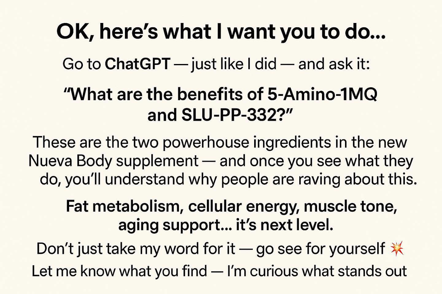 Happy NEW YEAR 🥳 have you heard of SLU? Do yourself a favor…💥Open up Google or ChatGPT and type this in: “What are the benefits of 5-Amino-1MQ and SLU-PP-332?” These aren't just
