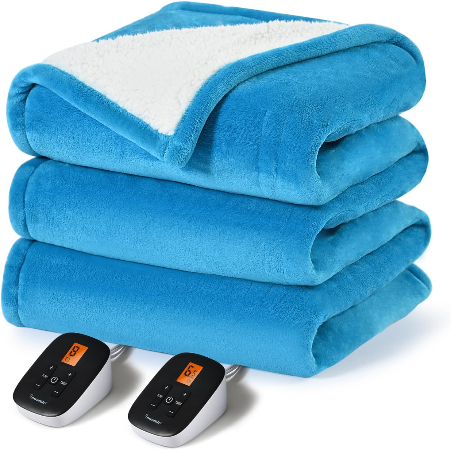 Sunbeam Electric Heated Throw Blanket Oversize Blue Corduroy
