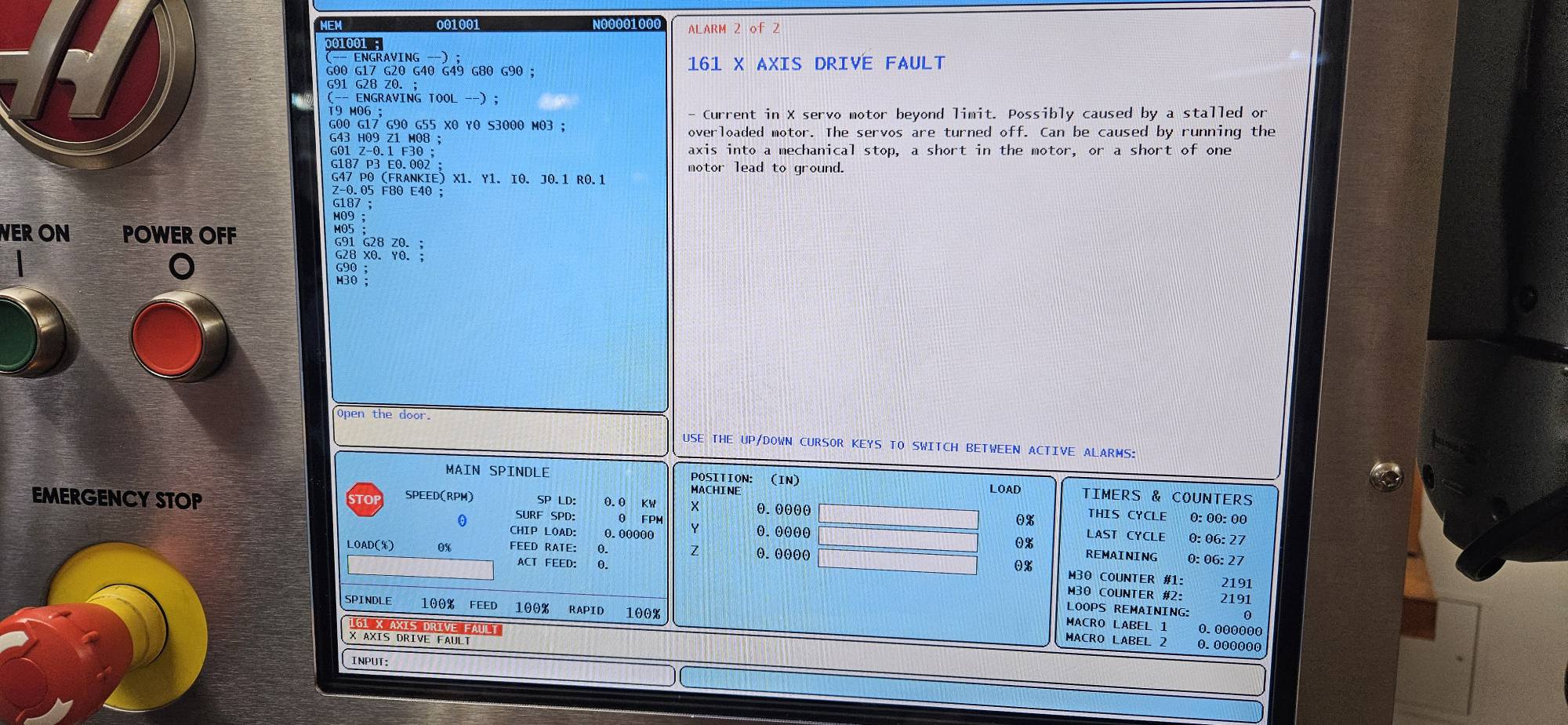 What causes X-axis drive fault alarm after a pop and breaker blow