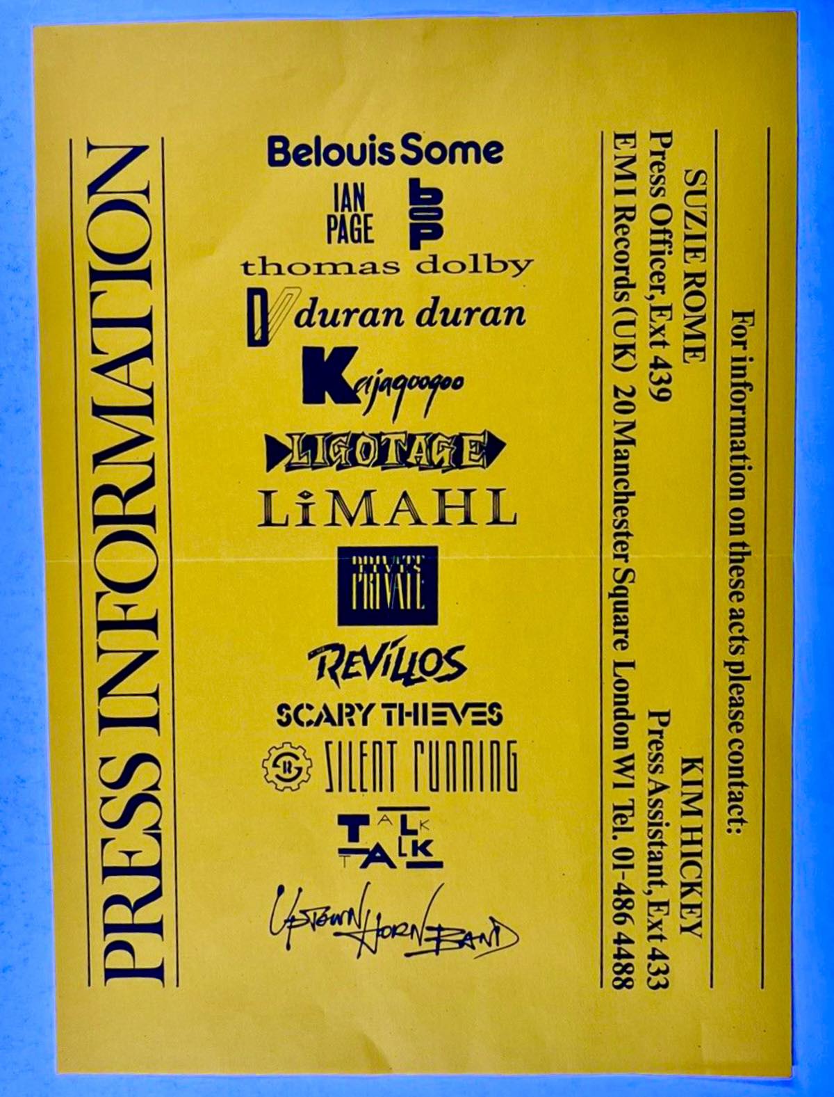 Mid 80s EMI press information sheet for various artists