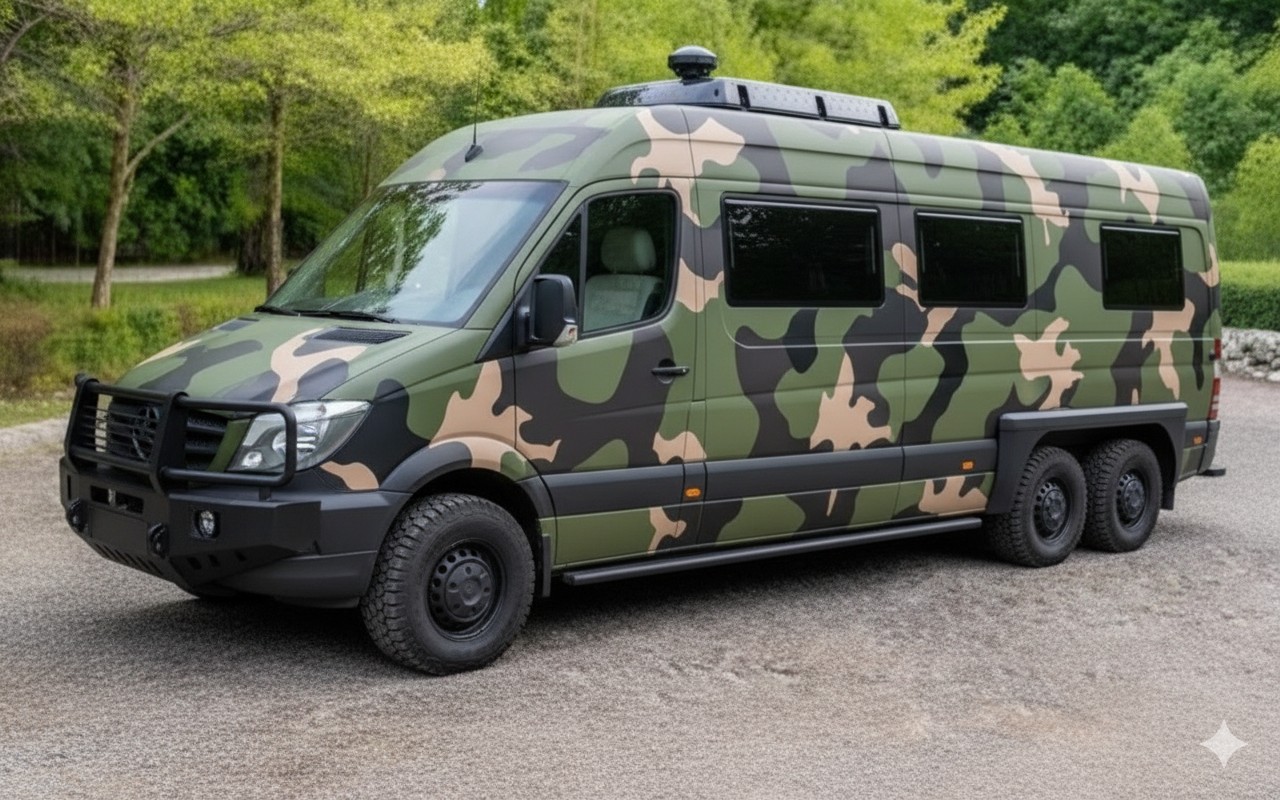 AI automotive art | Mercedes Sprinter AWD all-terrain eco-tour bus with ...