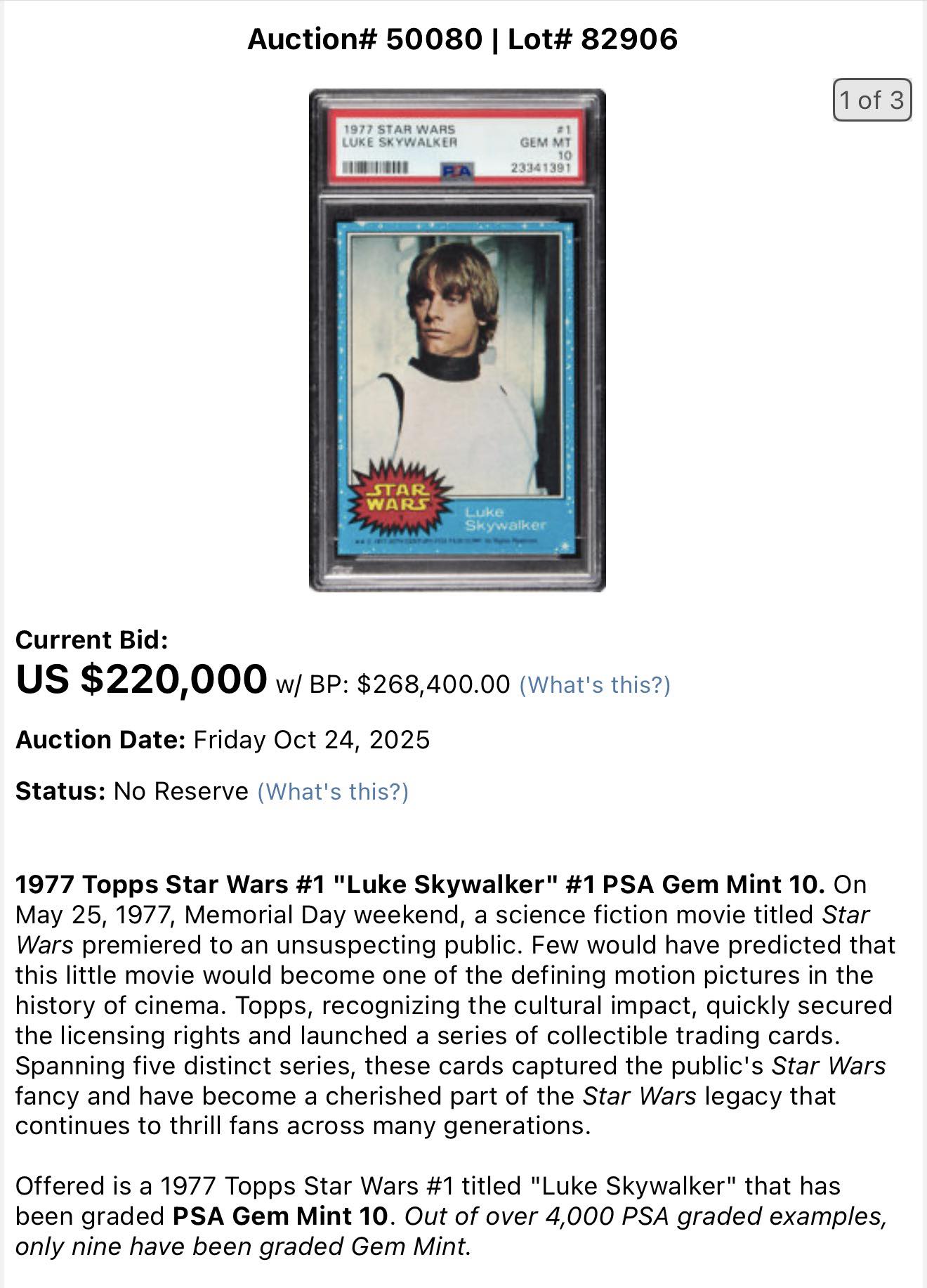 JUST SOLD: A PSA 10 1977 Luke Skywalker card fetched $687,500 at 