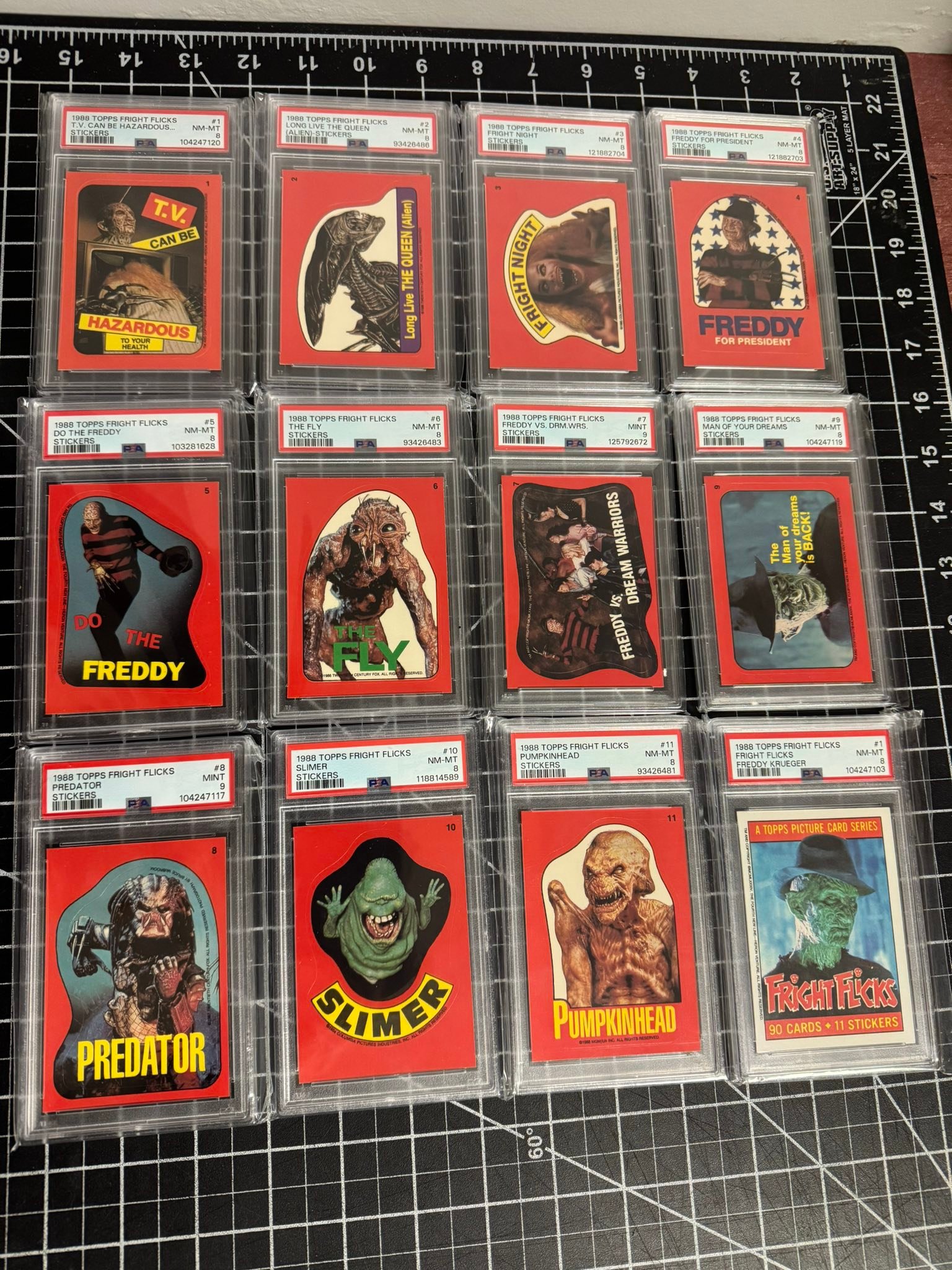 Completed 1988 Fright Flicks sticker set with PSA 8 or better cards
