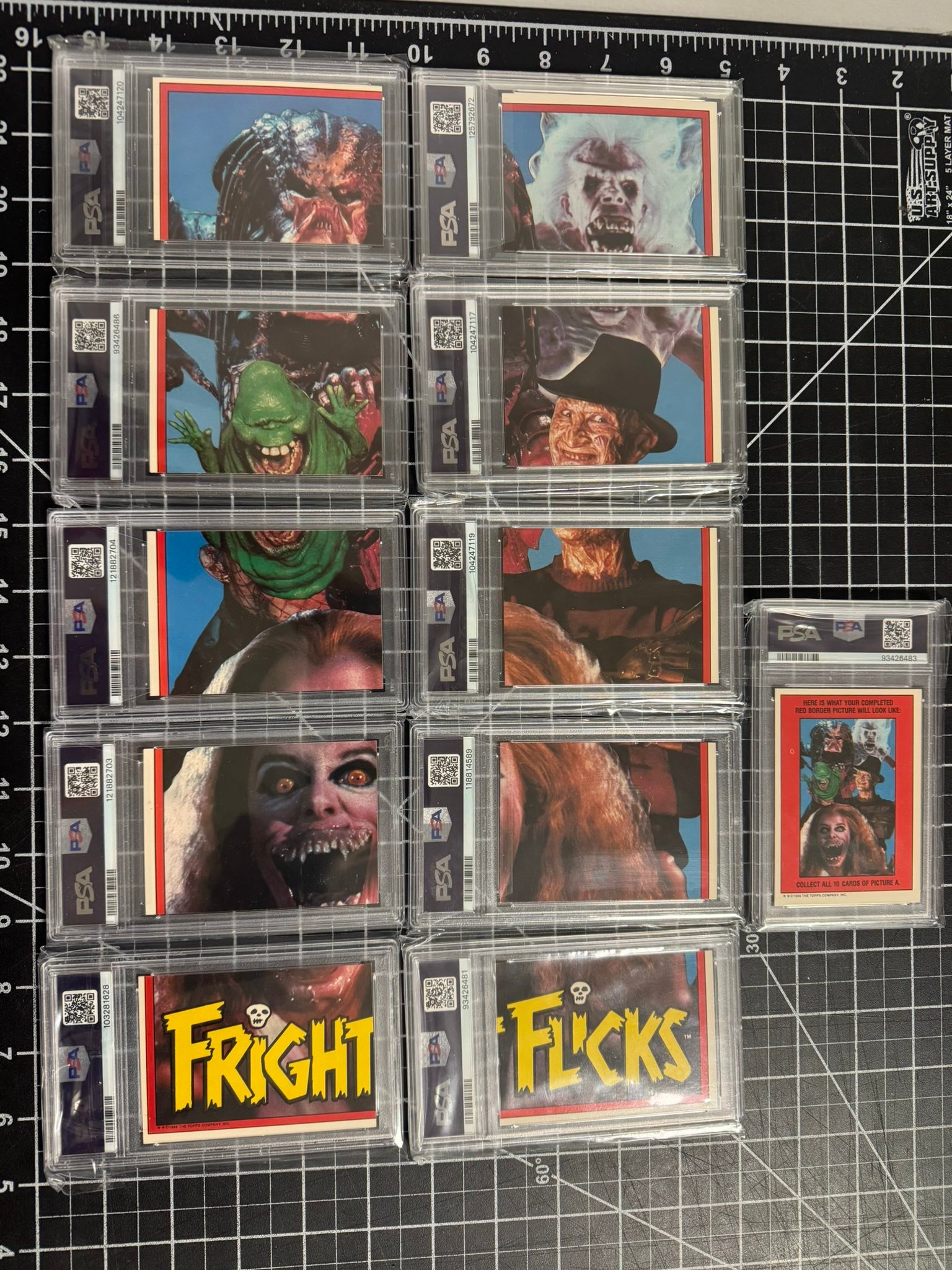 Completed 1988 Fright Flicks sticker set with PSA 8 or better cards