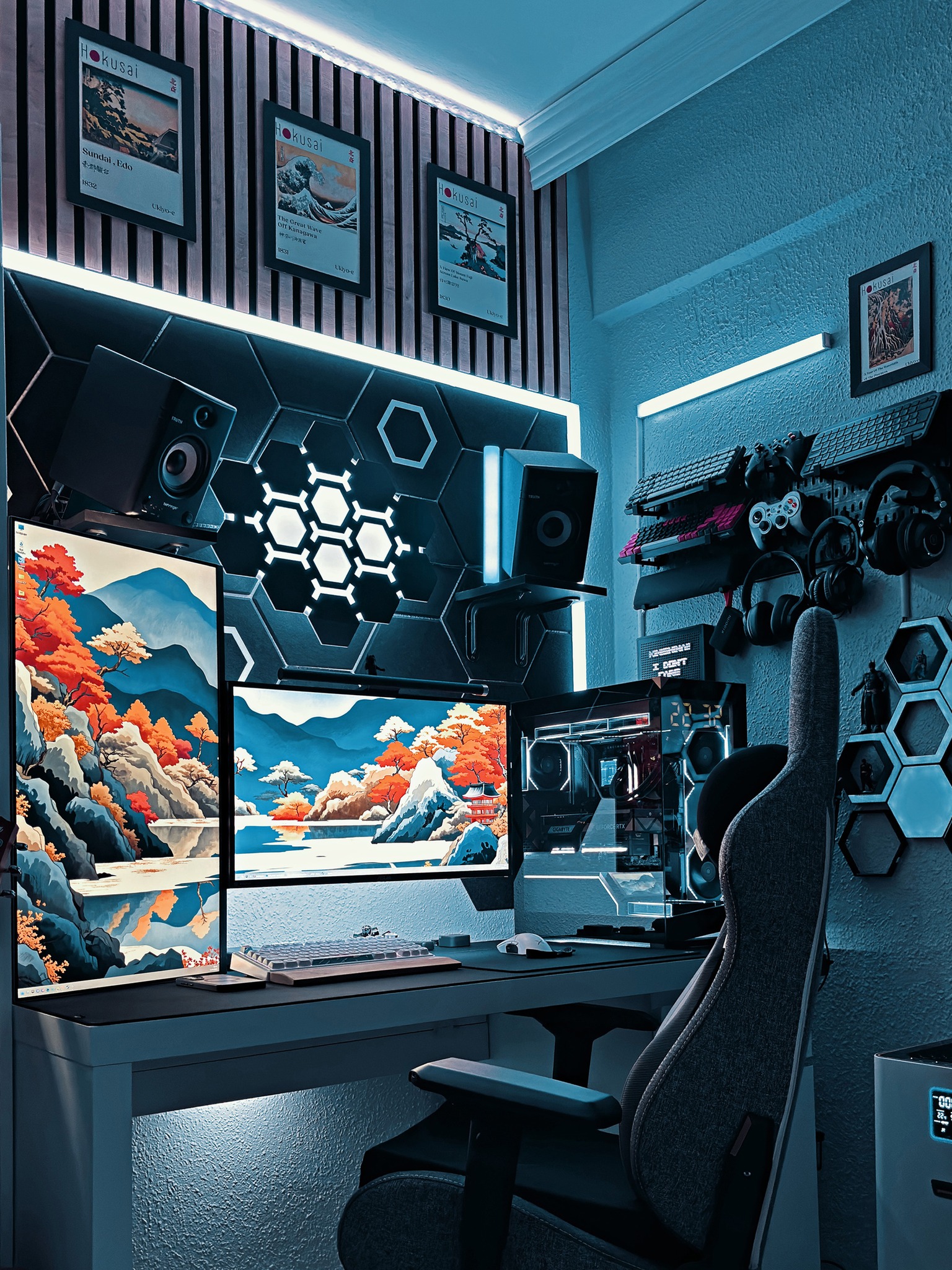 High-tech gaming desk setup with custom components