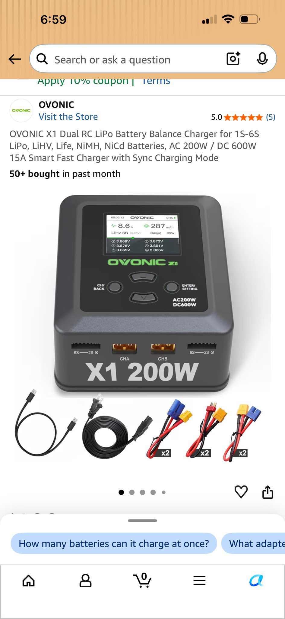 Chargeur LiPo OVONIC X1 – 200W 15A, Double Sortie, Compatible 1-6S, NiMH, LiHV, Avec Adaptateurs XT60, Garanti 1 An