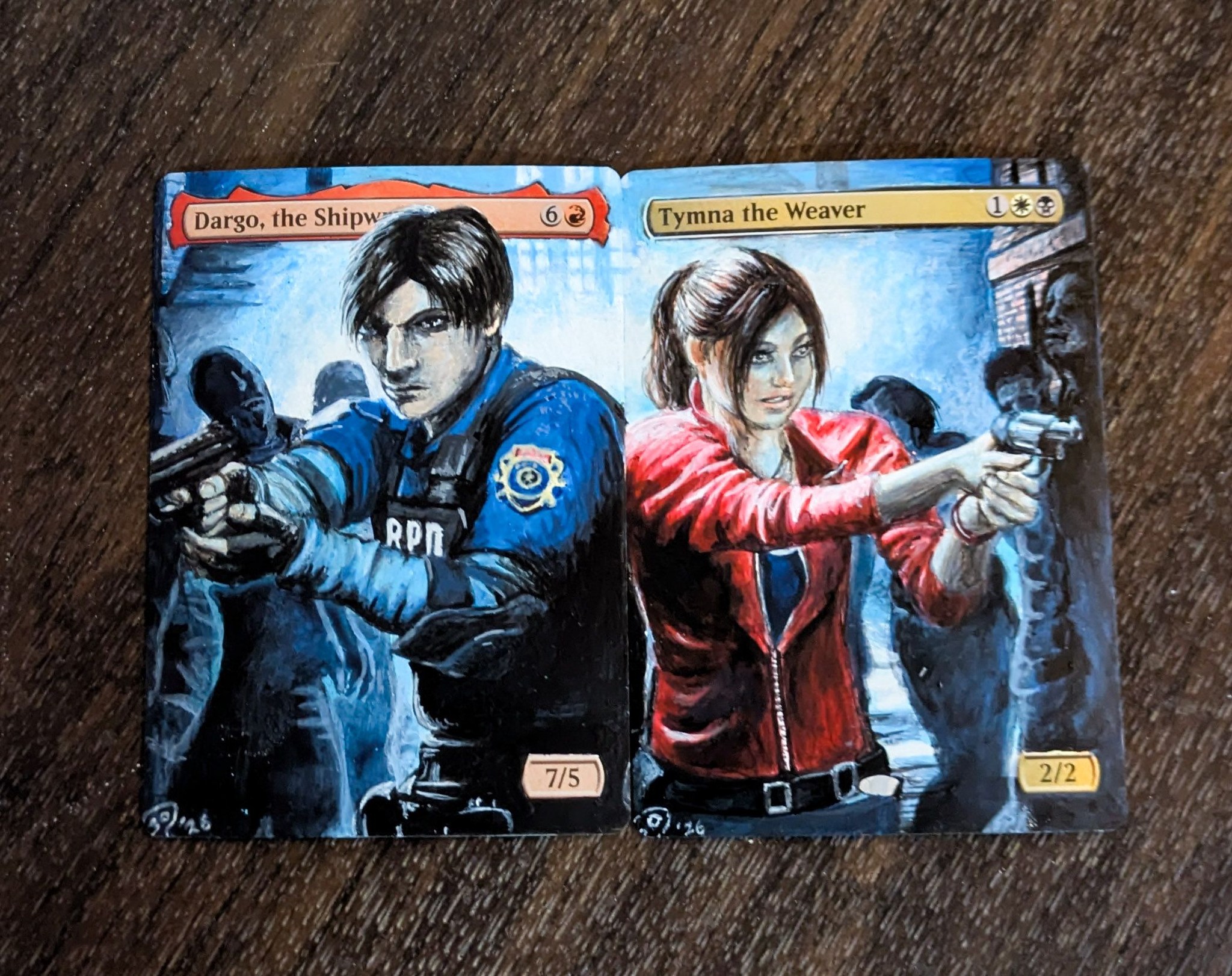 Hand-painted Resident Evil 2 characters on Magic: The Gathering cards