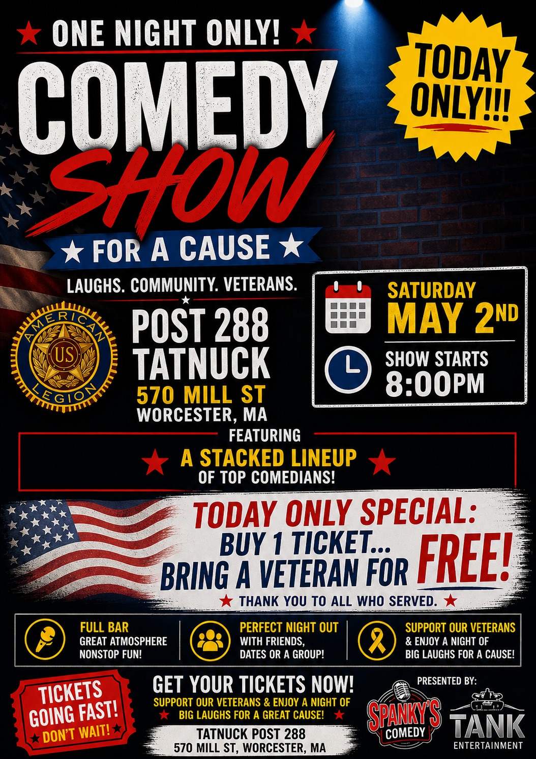 Comedy night in Worcester, MA with free veteran tickets