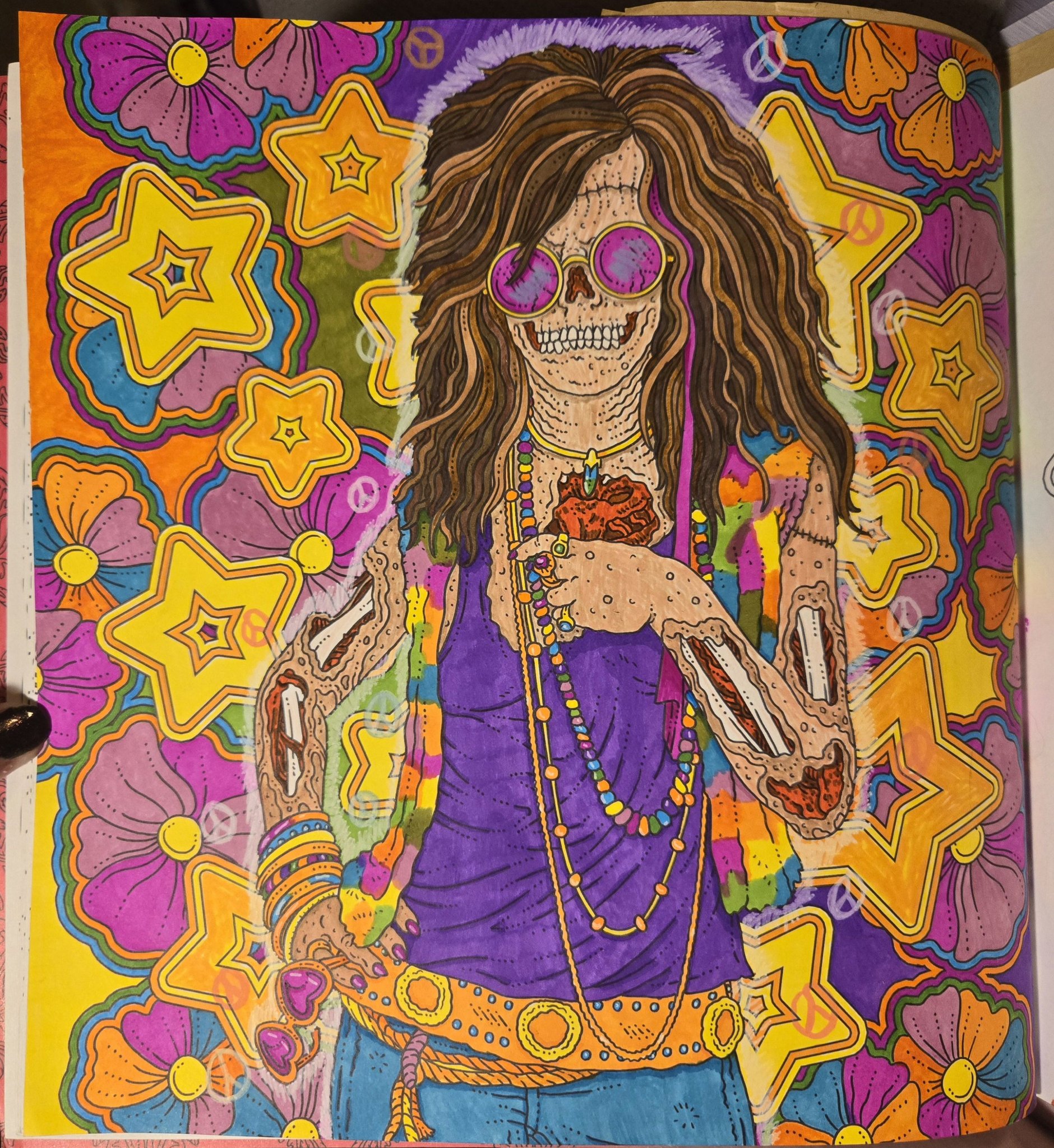 Adult coloring page inspired by 60s groovy theme