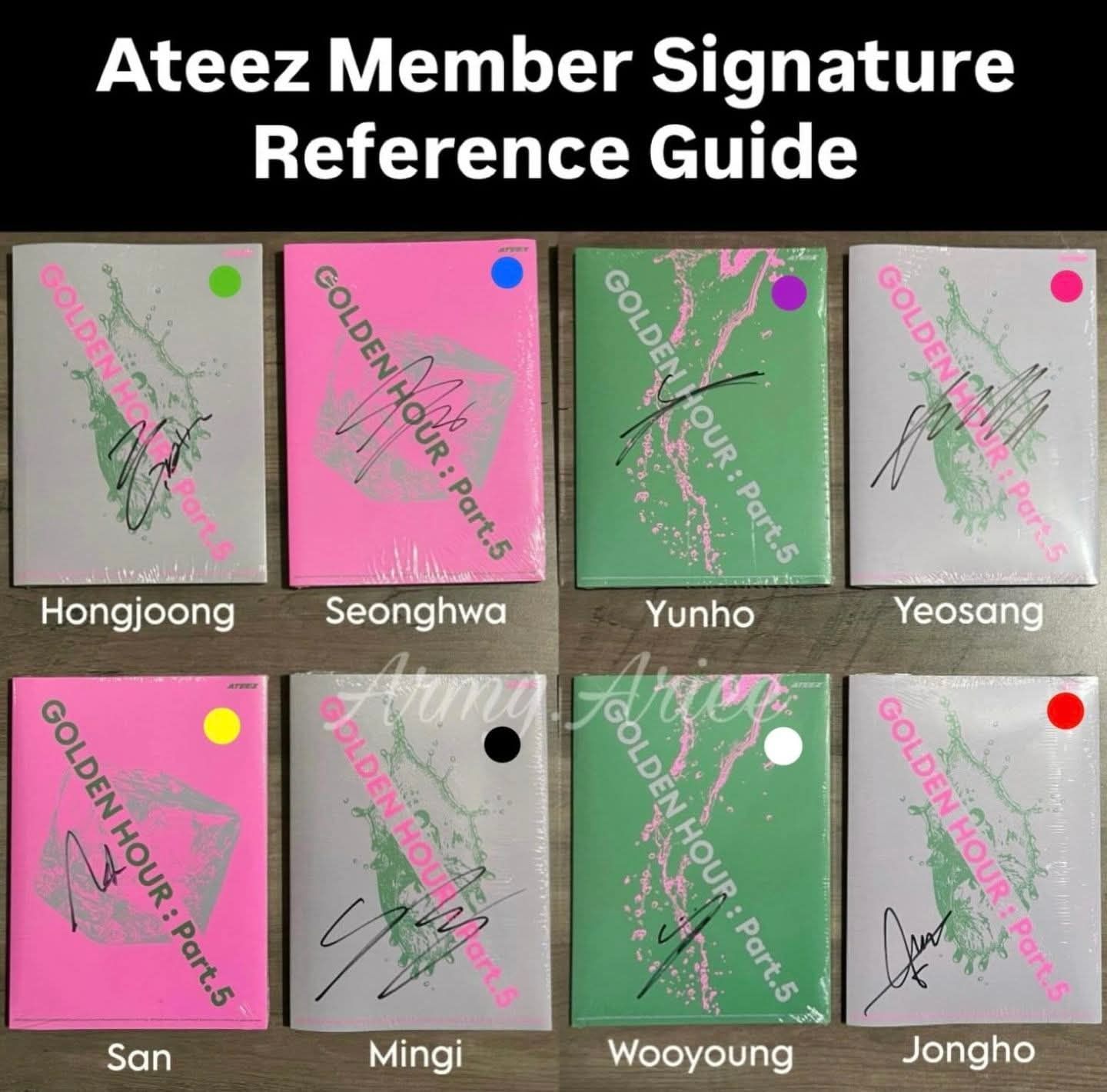 Ateez member signature guide with Yeosang's hot pink signature