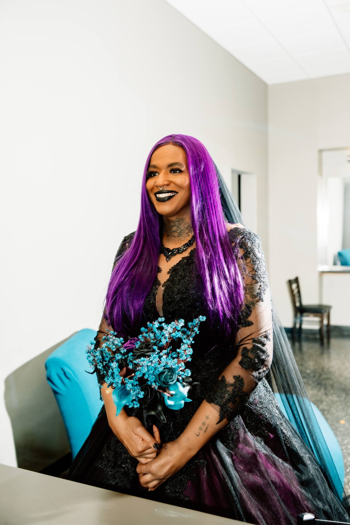 purple hair green dress Glow wedding for Gothic Valentine 💚🖤 purple and green hair