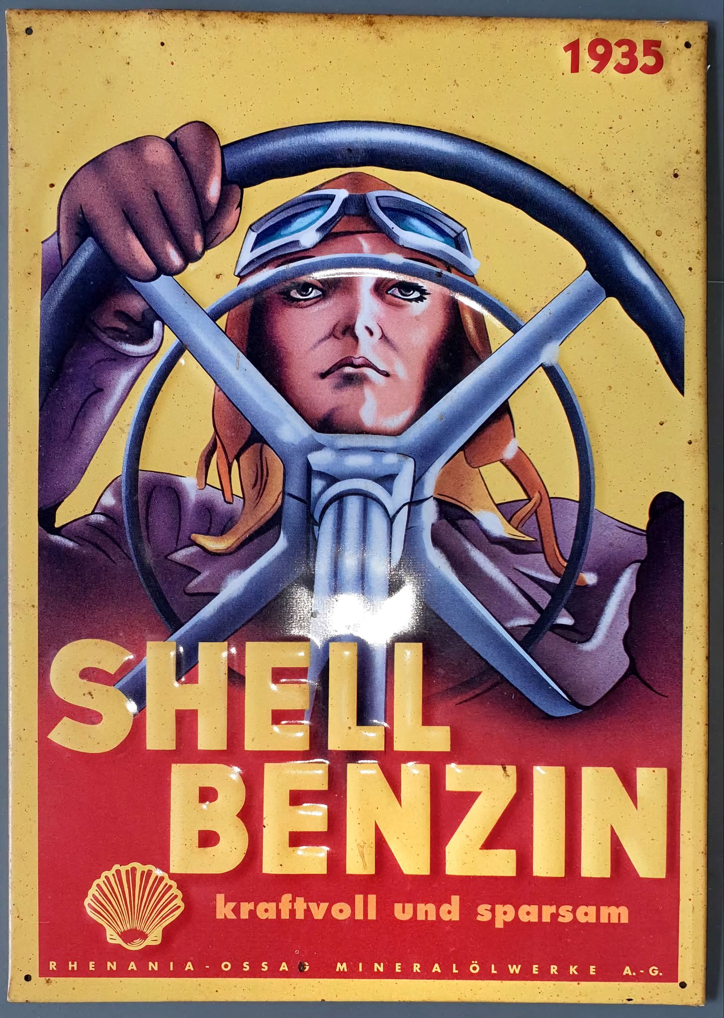 1935 German Shell Gasoline poster advertising powerful and