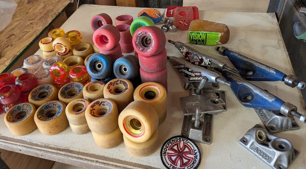1970's Sims skateboard with tracker trucks on display