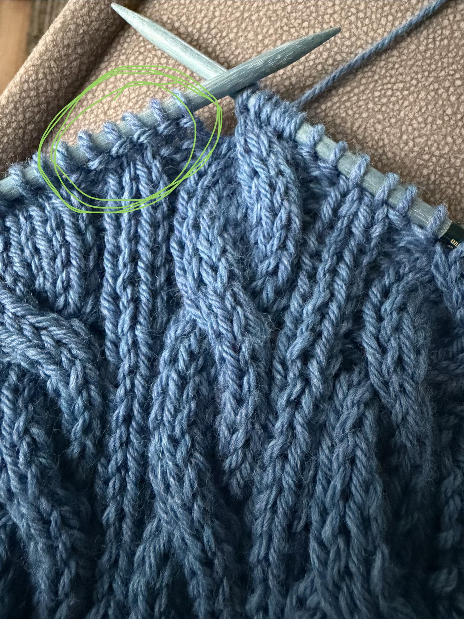 How to fix loose knit stitches before a cable?