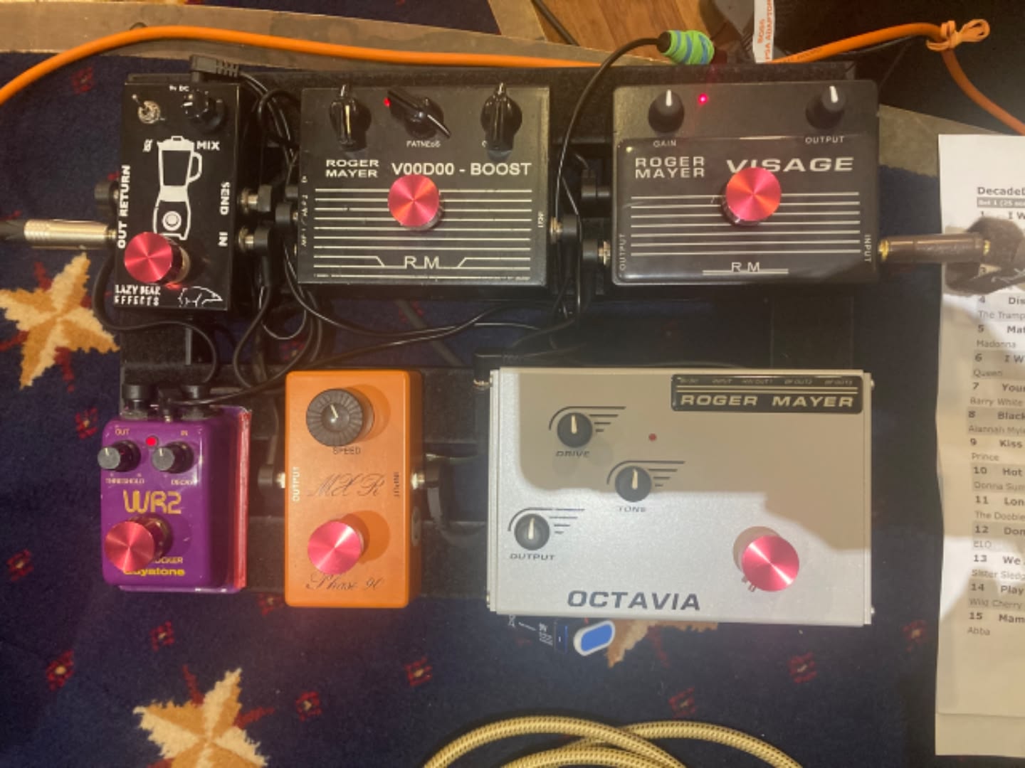 Some Roger Mayer pedals: •Octavia •Stone fuzz •Mongoose fuzz •Axis