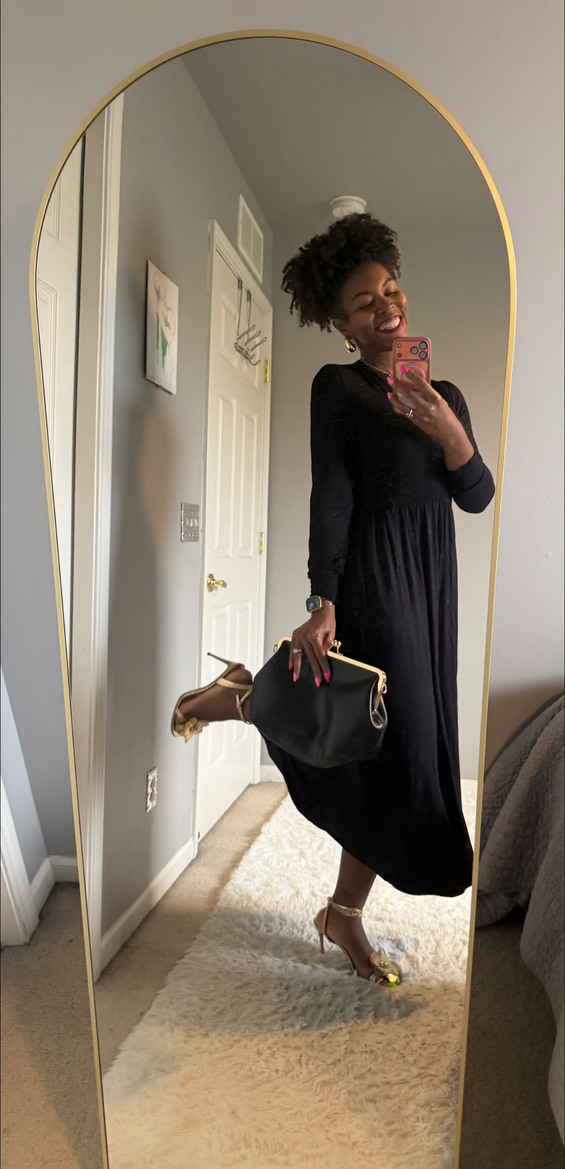 black dress gold shoes ALDI maxi for anniversary dinner outfit ideas Order Ryna Black Mini light pink ready silhouette that elevates Color:champagne