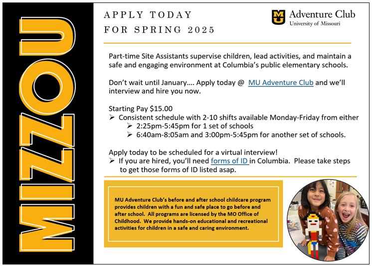MU - We are now hiring Site Assistants for Spring 2025! Adventure Club ...