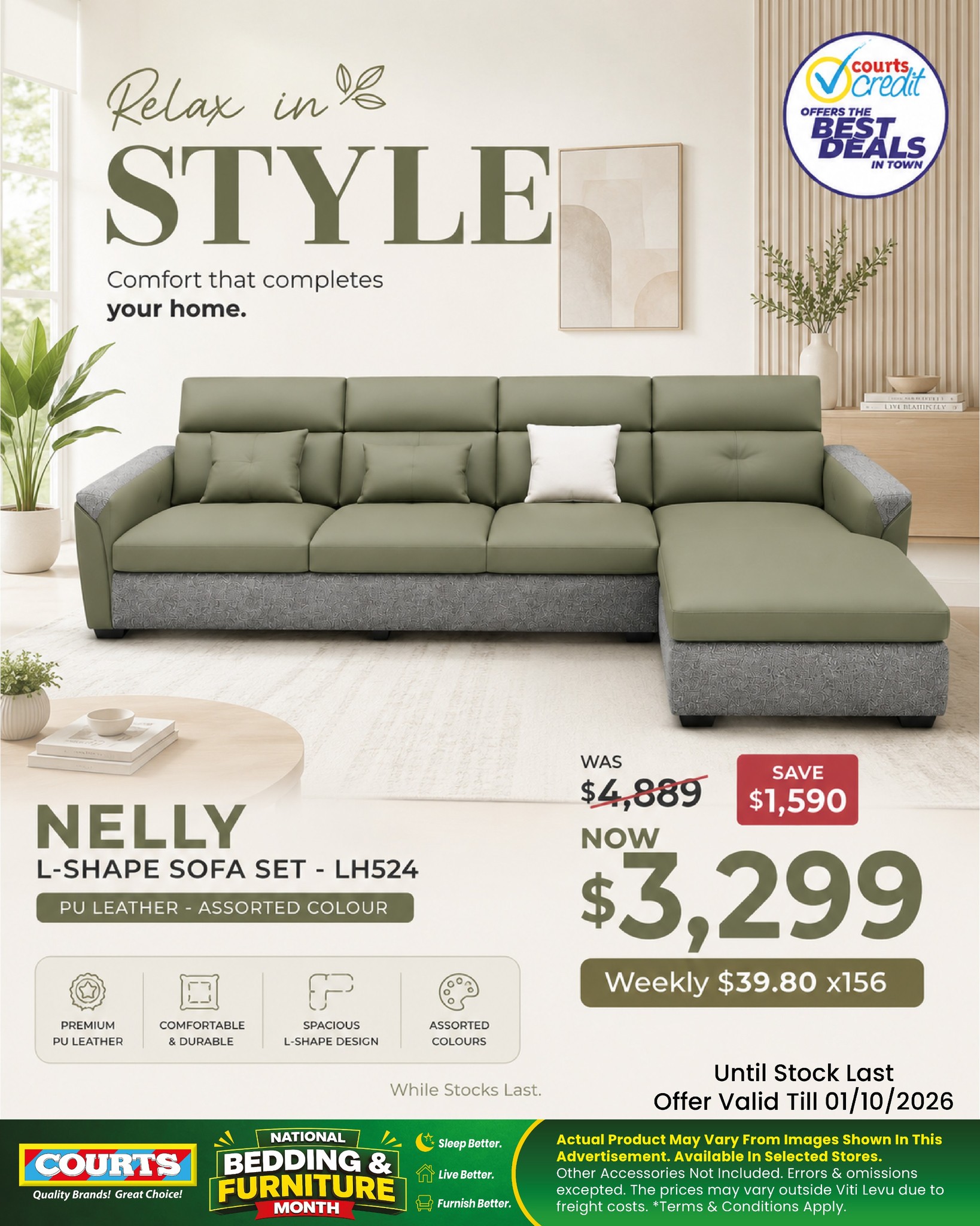 🏡 Give your living room a fresh new look with the spacious Nelly L-Shape Sofa Set in assorted PU leather colours. Until stock lasts. Offer valid till 01/10/2026. #NellySofa #LShapeSofa #FurnitureDea