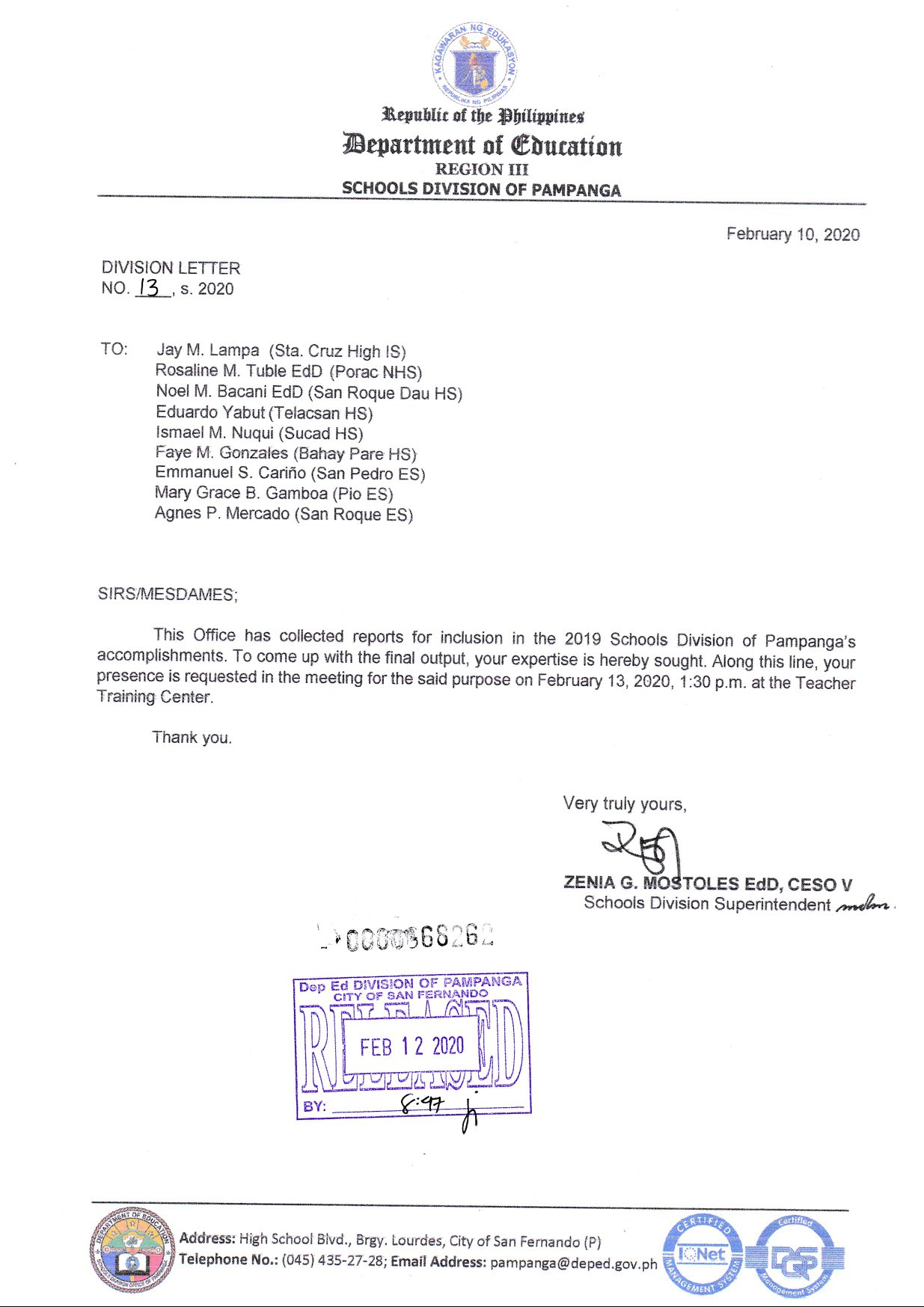 DIVISION LETTER NO. 13, s.... - DepEd Pampanga - Records Unit
