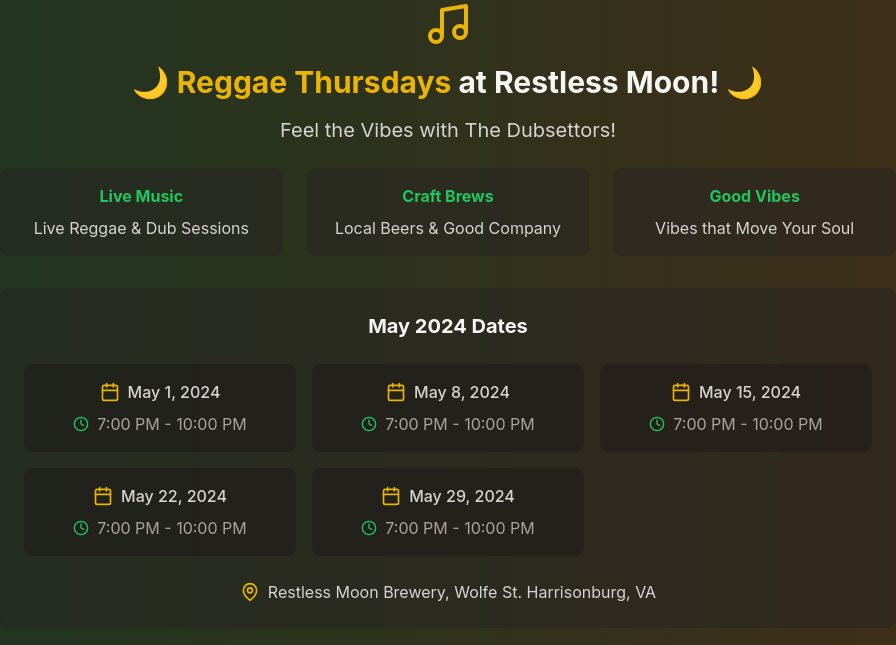 Reggae Thursdays at Restless Moon Brewing, Harrisonburg,VA