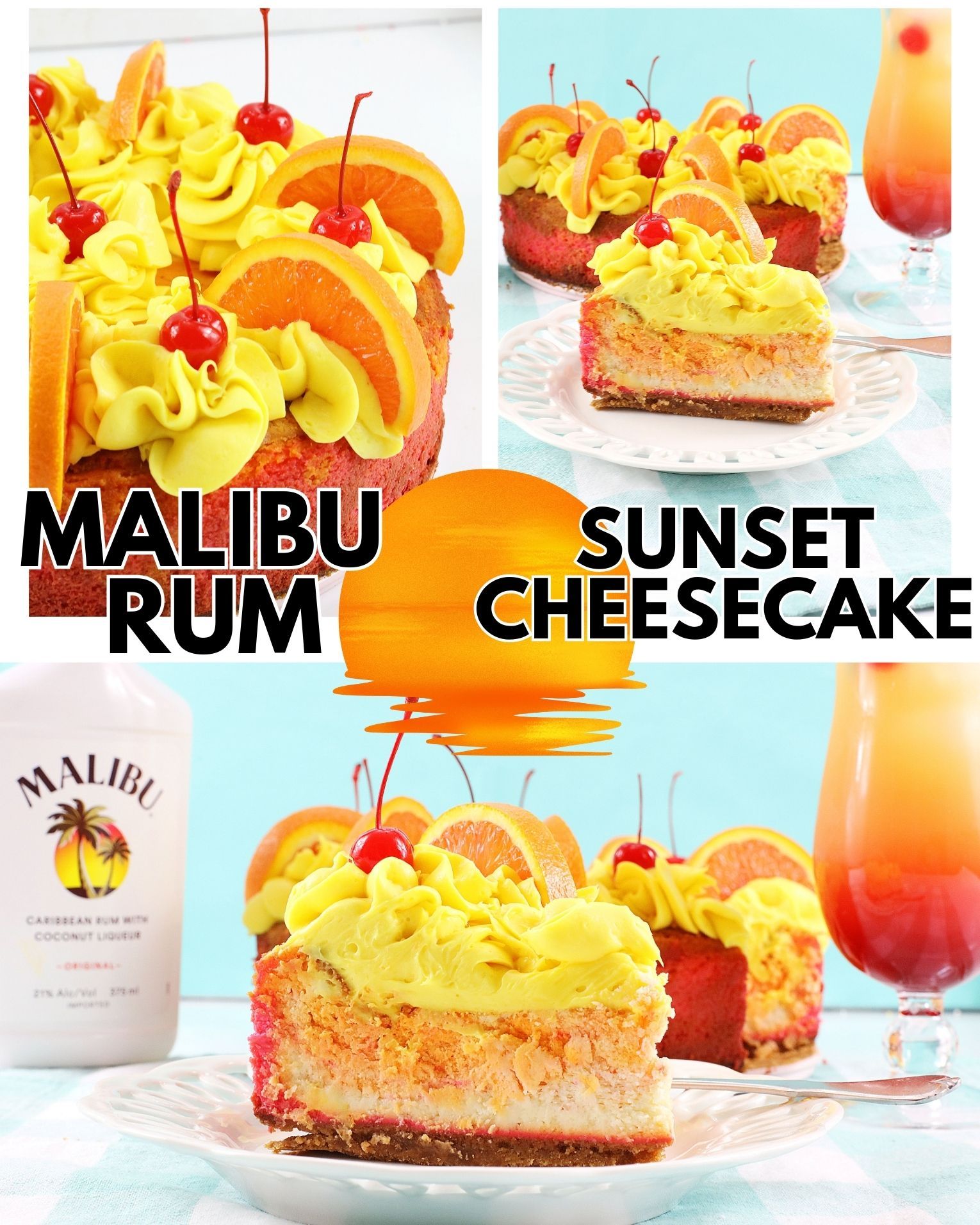 This Malibu Sunset Cheesecake is made with Malibu Rum - YUM!