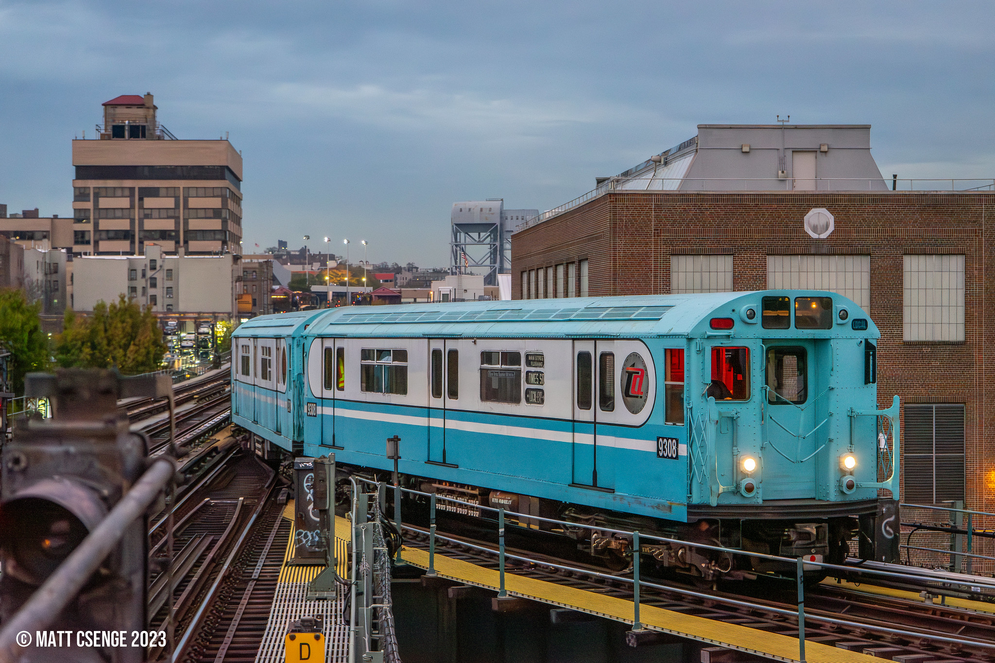 NYCTA R33WF No 9308 leads museum train into 207th St yard
