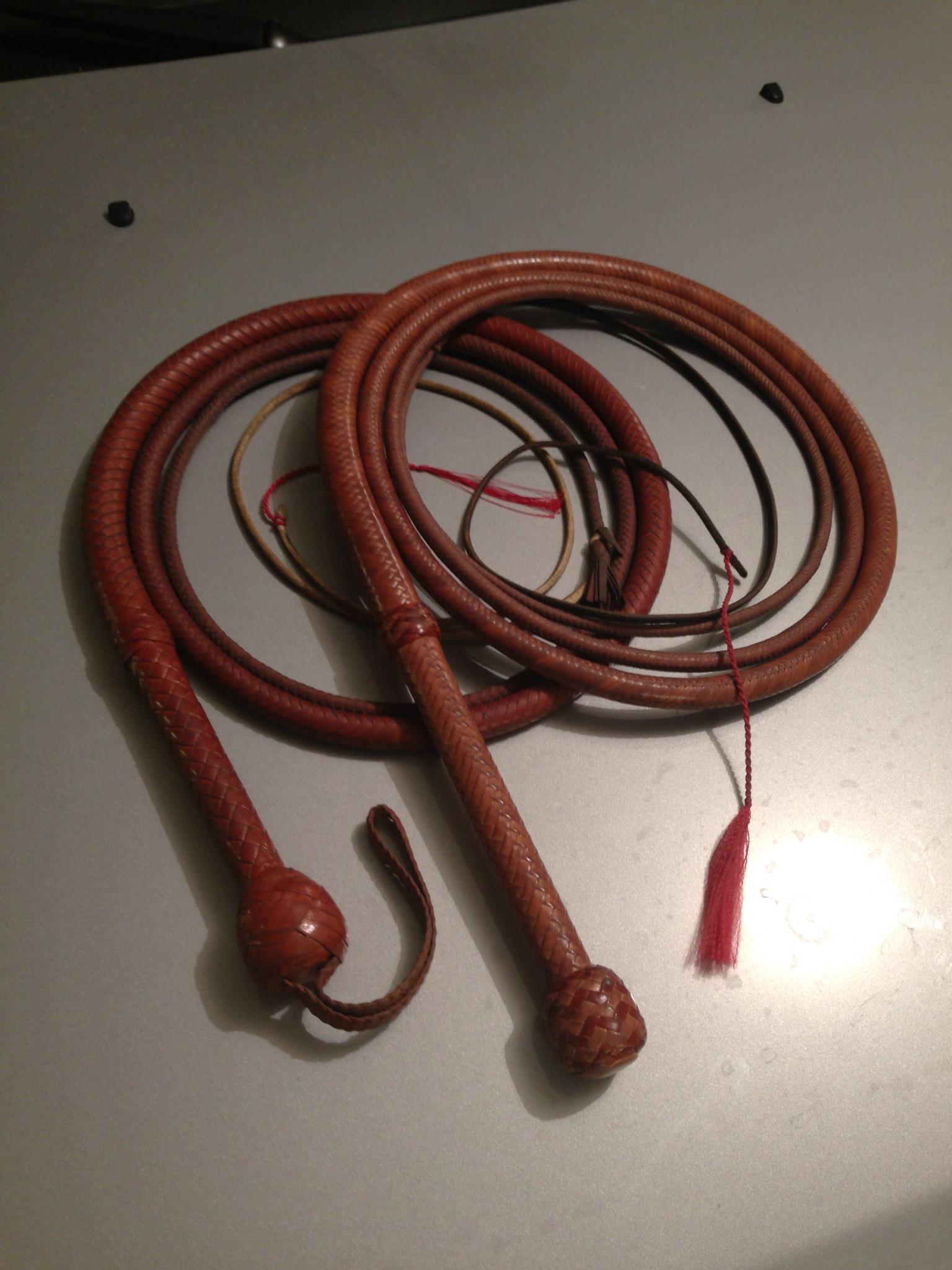 Pics... My eight foot Raiders whip by Joseph Strain on the left 