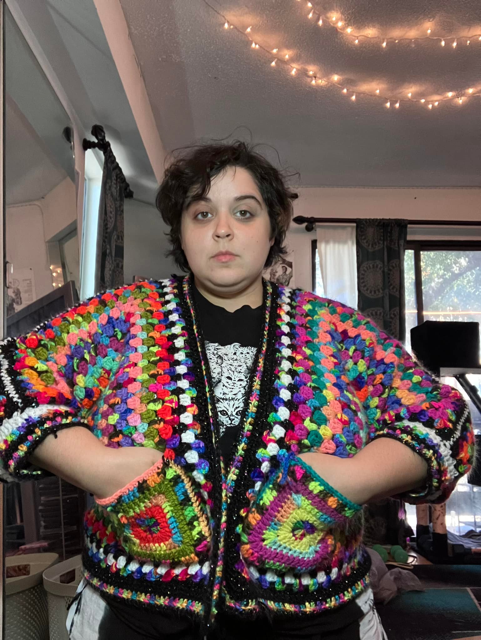 Finished my first scrap yarn hexagon sweater!