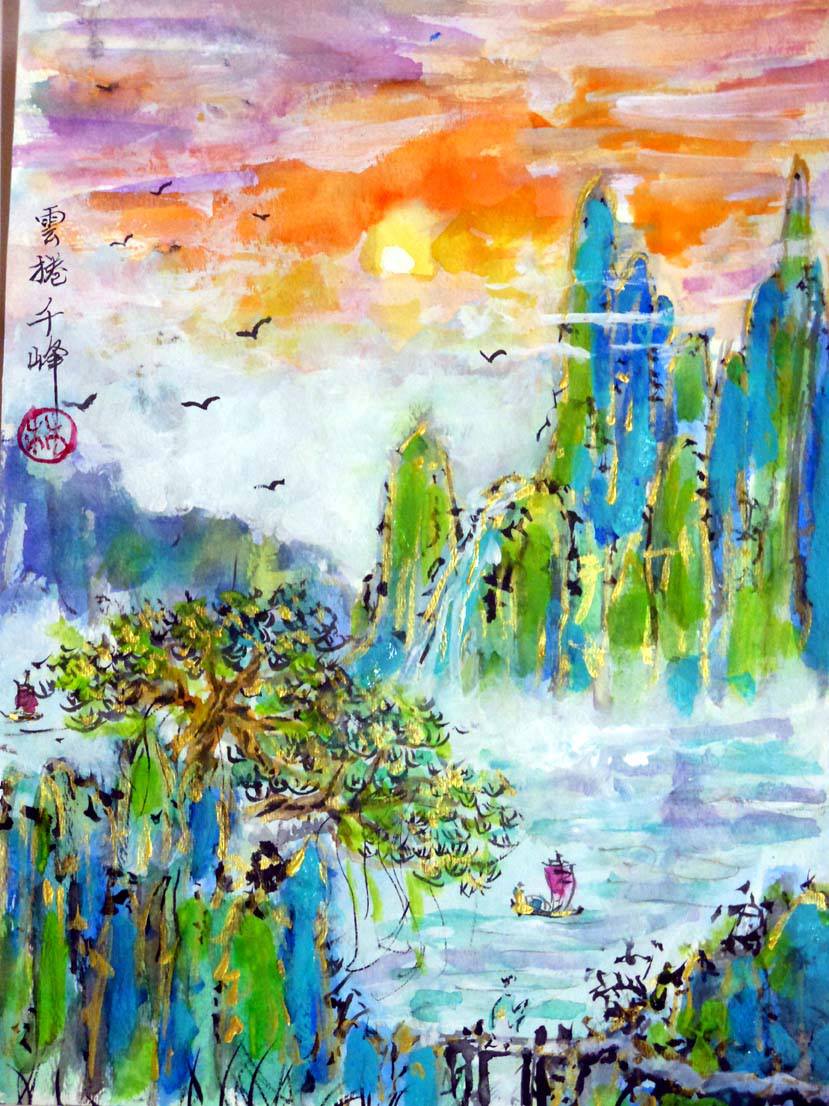 Modern chinese landscape painting with vivid colors