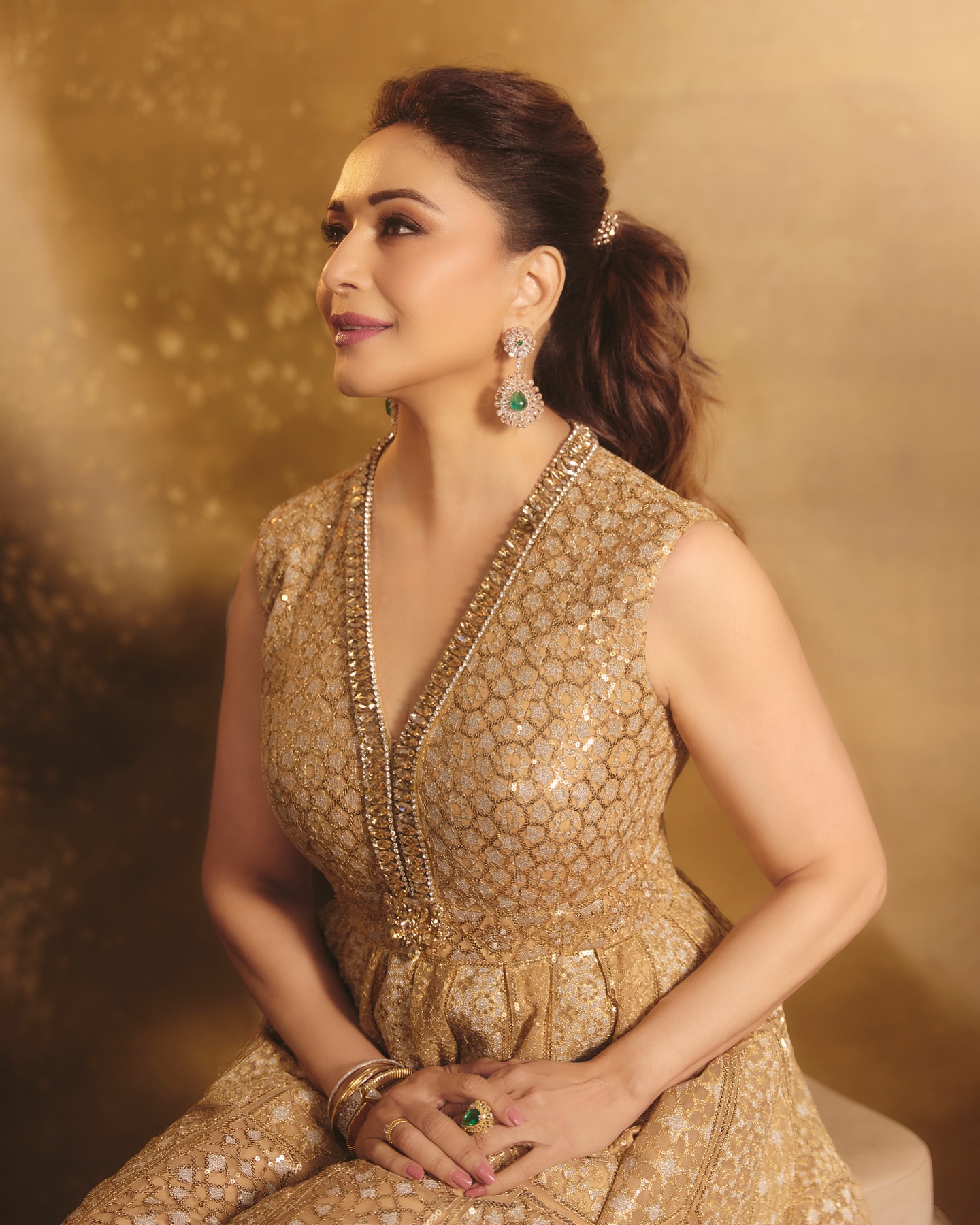 Madhuri Dixit shines bright in the latest pictures in a golden dress. ⭐️ #MadhuriDixit #BollywoodActress #Filmyglamour