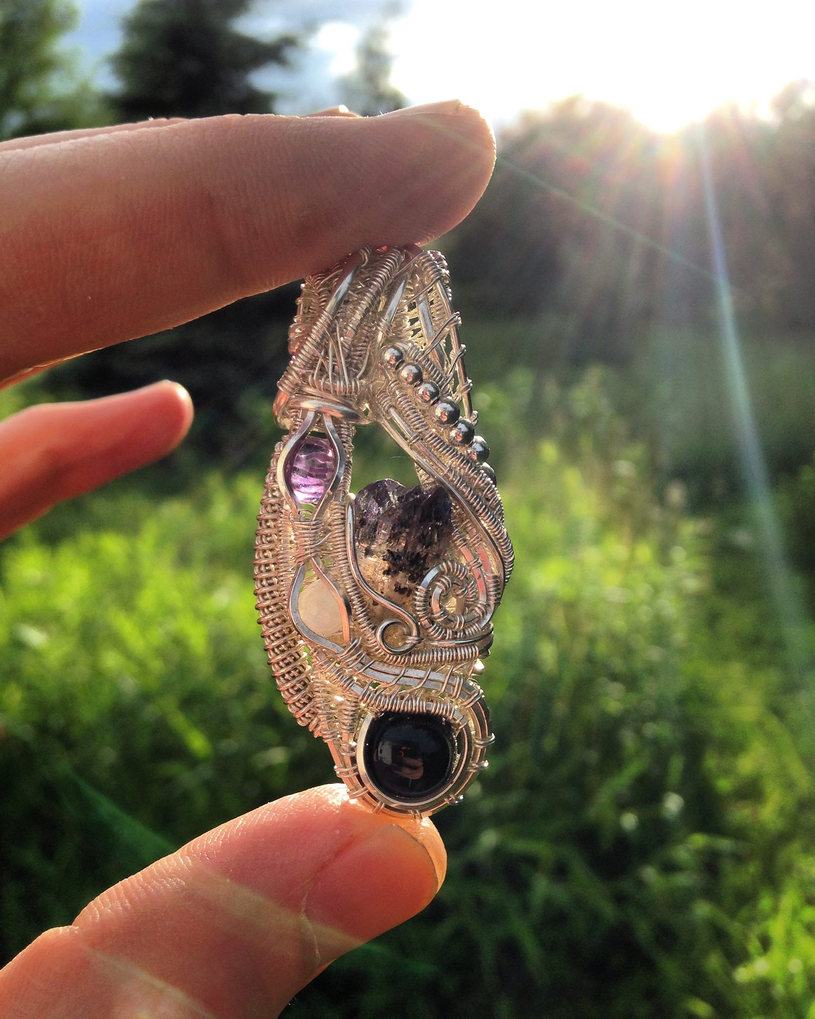 Aquamarine and opal wire wraps with 14k gold accents