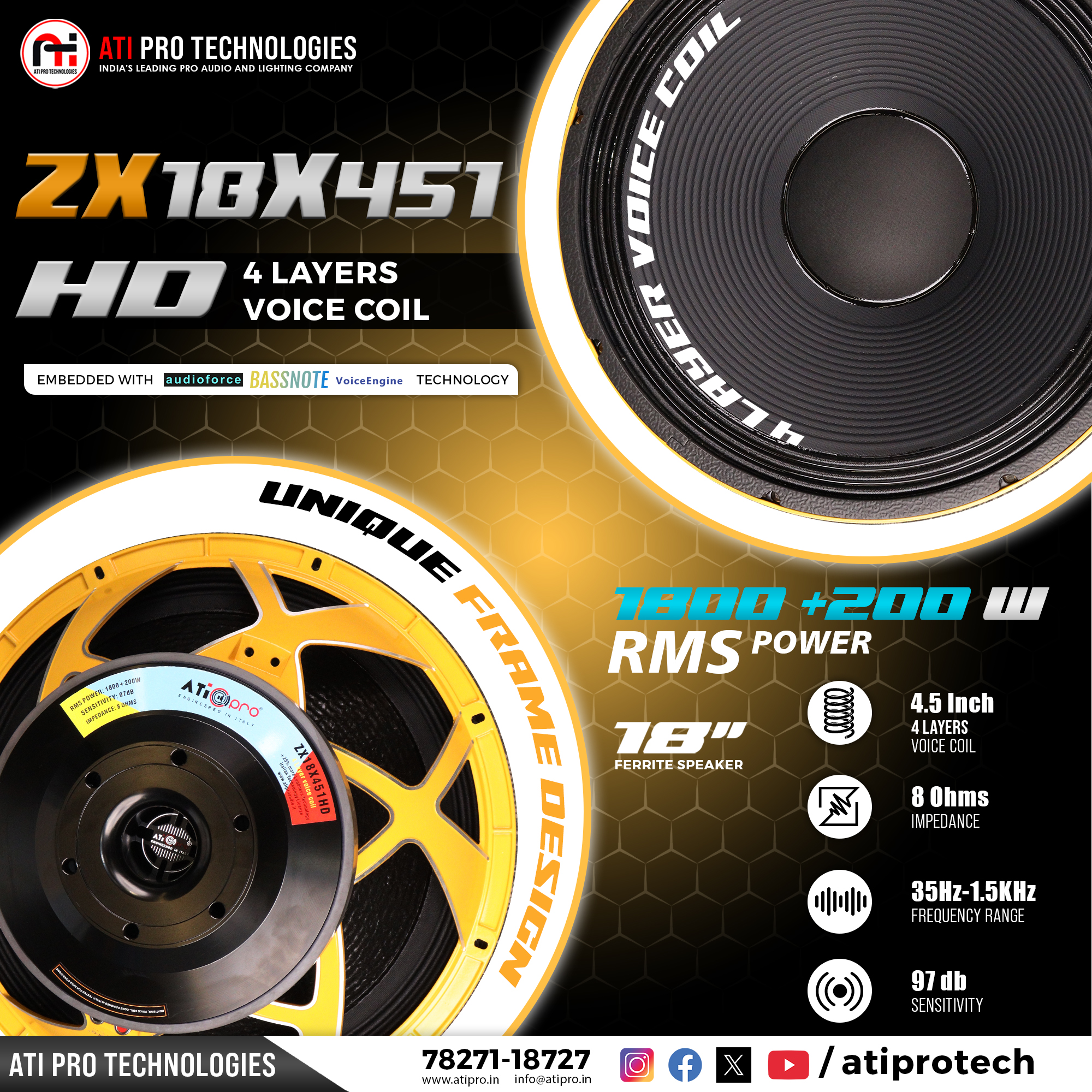 ZX18X451 HD, 18 Inch Ferrite DJ Speaker * 1800 + 200 Watts RMS