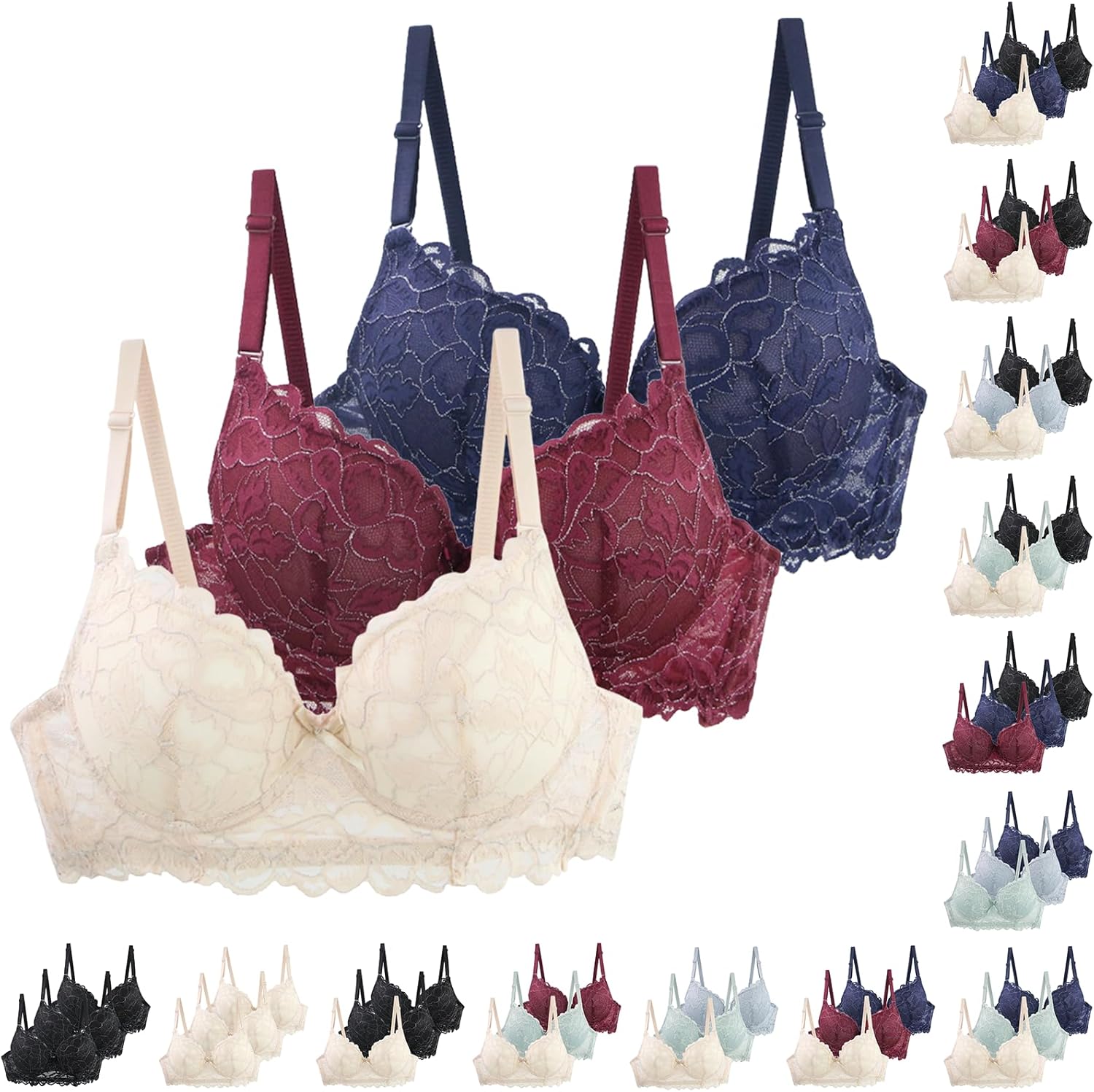 Lot 3 Soutiens-gorge Dentelle Push-up – Armatures, Maintien Optimal, Bonnet BC