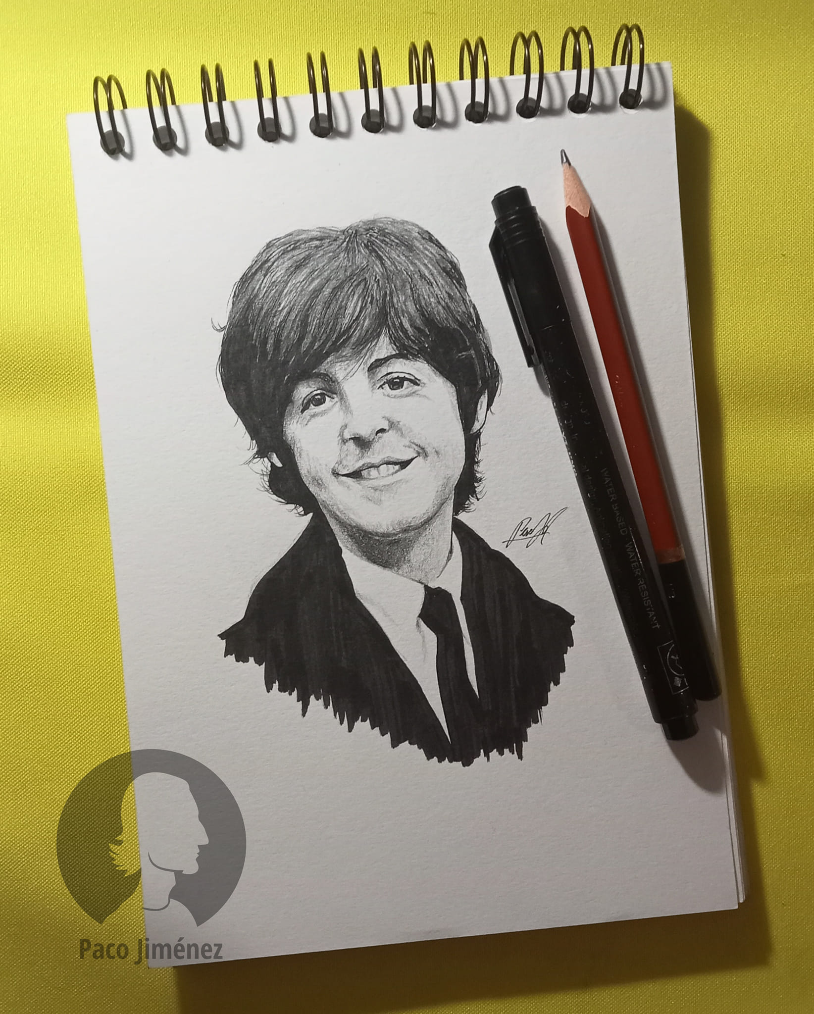 Young Paul McCartney pen and ink drawing