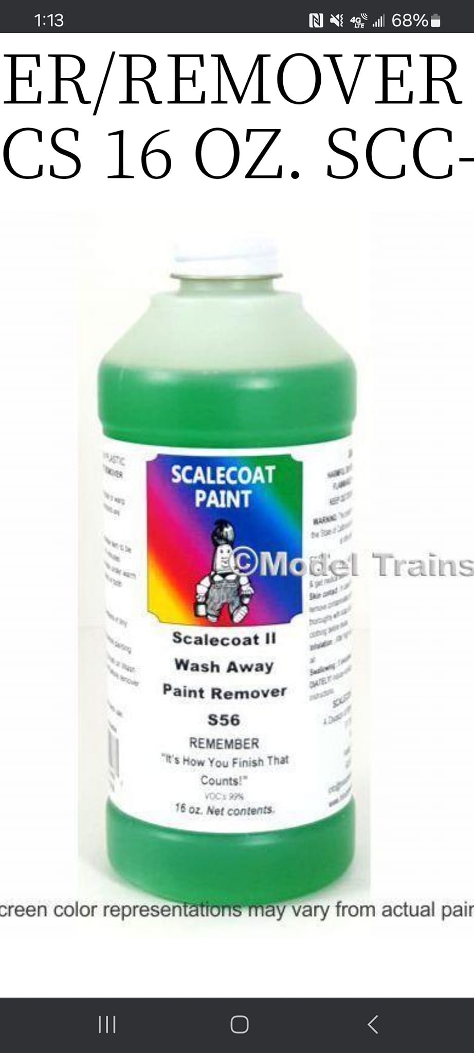 Scalecoat Wash Away Paint Remover - 16 Oz Bottle - For Model Railroads & Hobbies