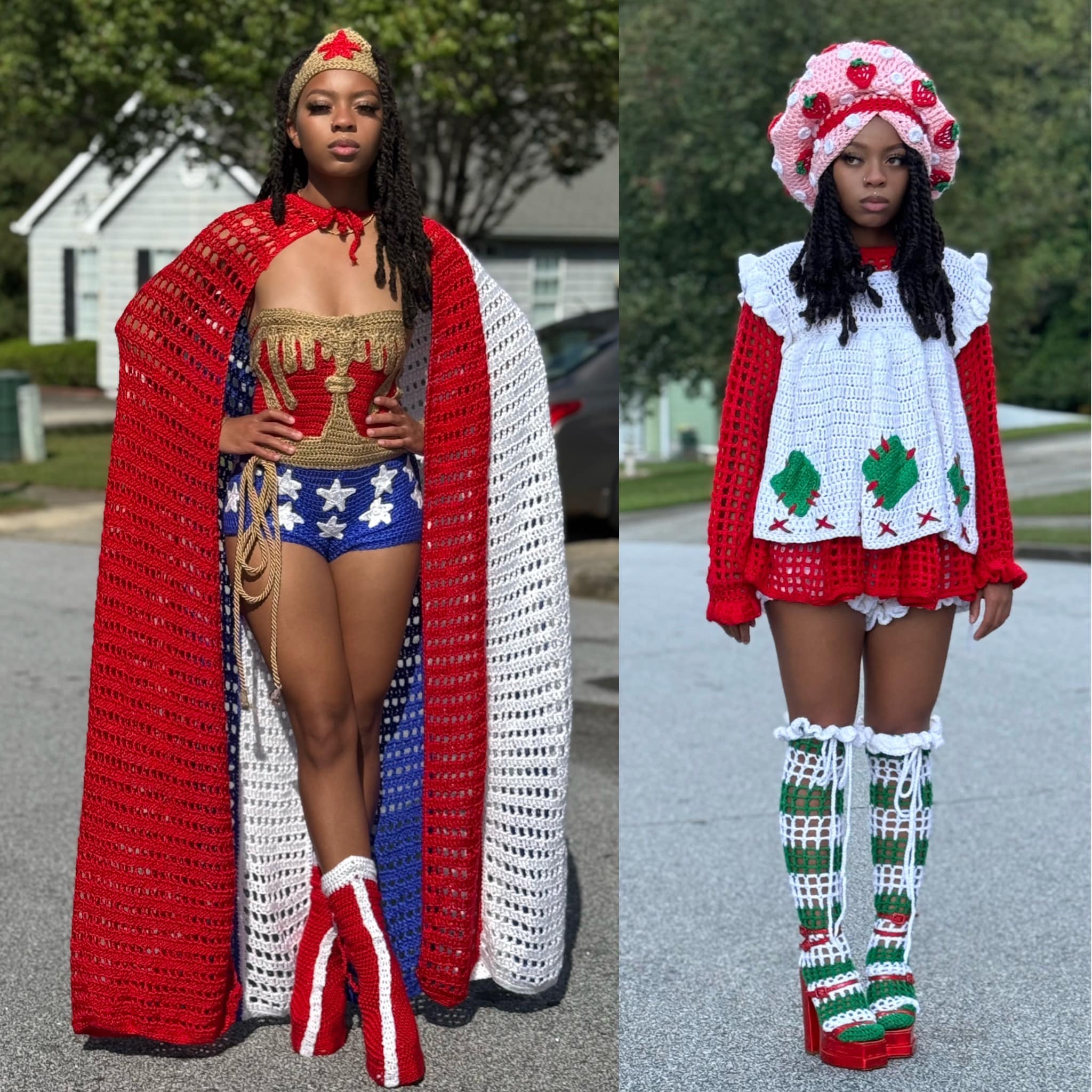 Crocheted Wonder Woman and Strawberry Shortcake Halloween Costumes