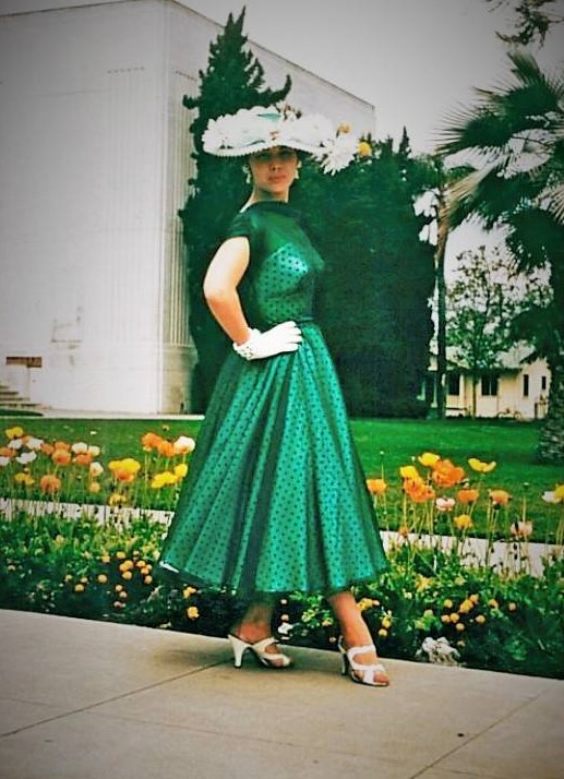 1960s green dress Vintage chiffon with polka-dot lining and floral hat Fancy Gown with Dupatta