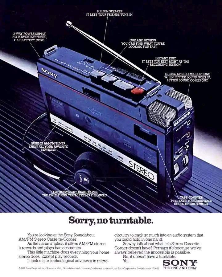 Sony Soundabout AM-FM Stereo Cassette-Corder, 1982 ad