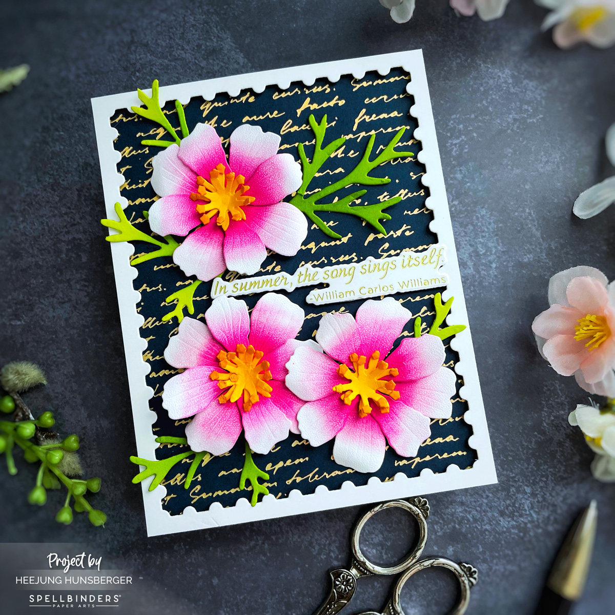 Handmade card with Garden Cosmos dies and Floral Fusion embossing