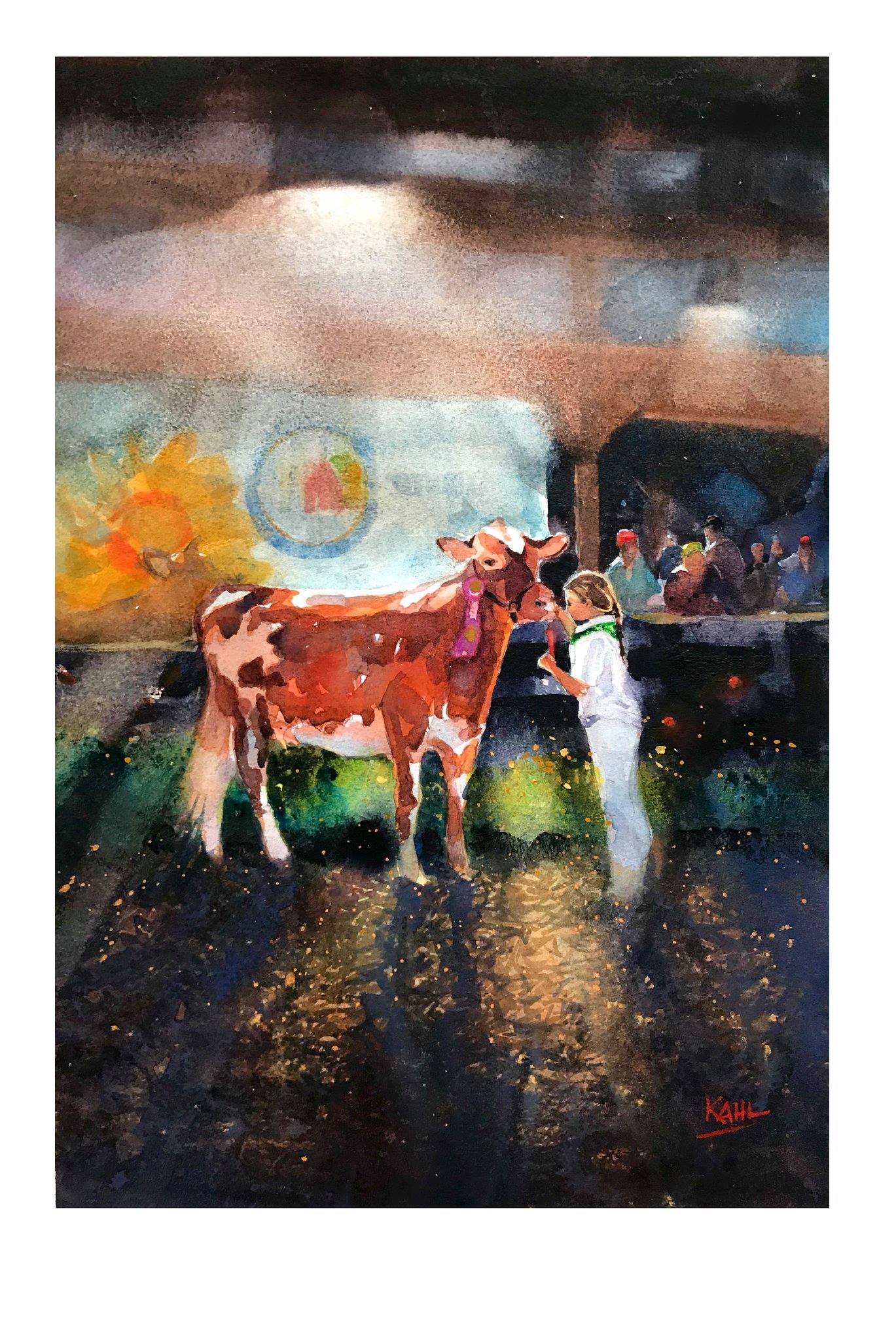 Watercolor painting of 4-H member saying goodbye to hand-raised