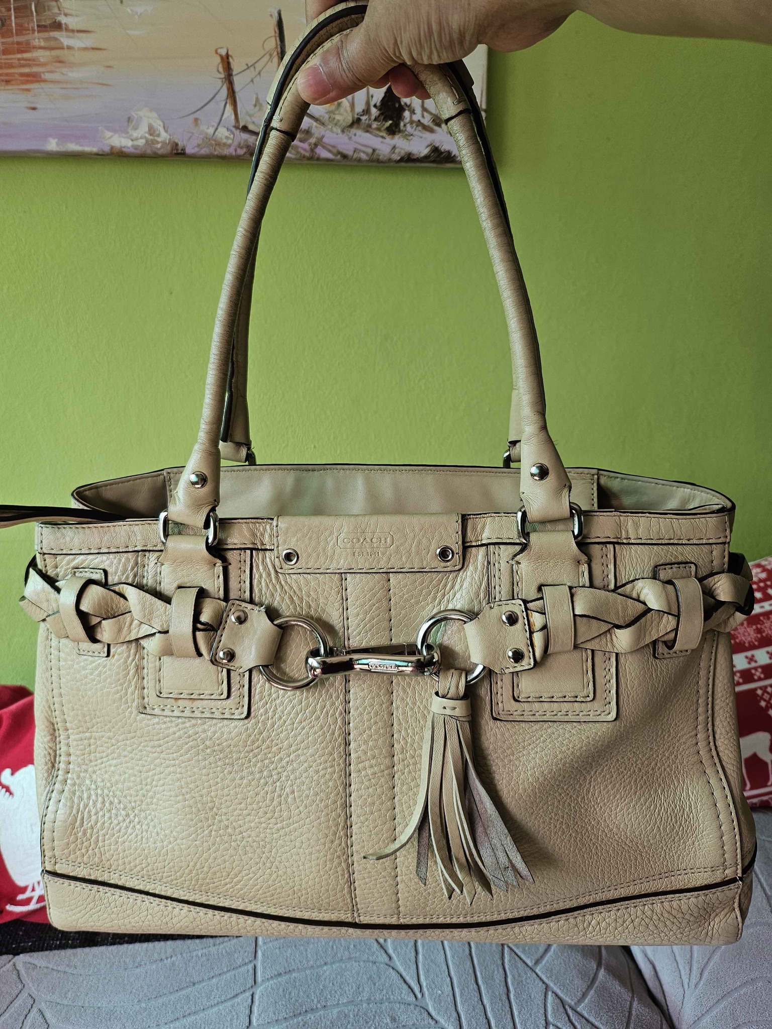 Coach Y2K Hampton Tote Bag in Creme Pebbled Leather, Silver 