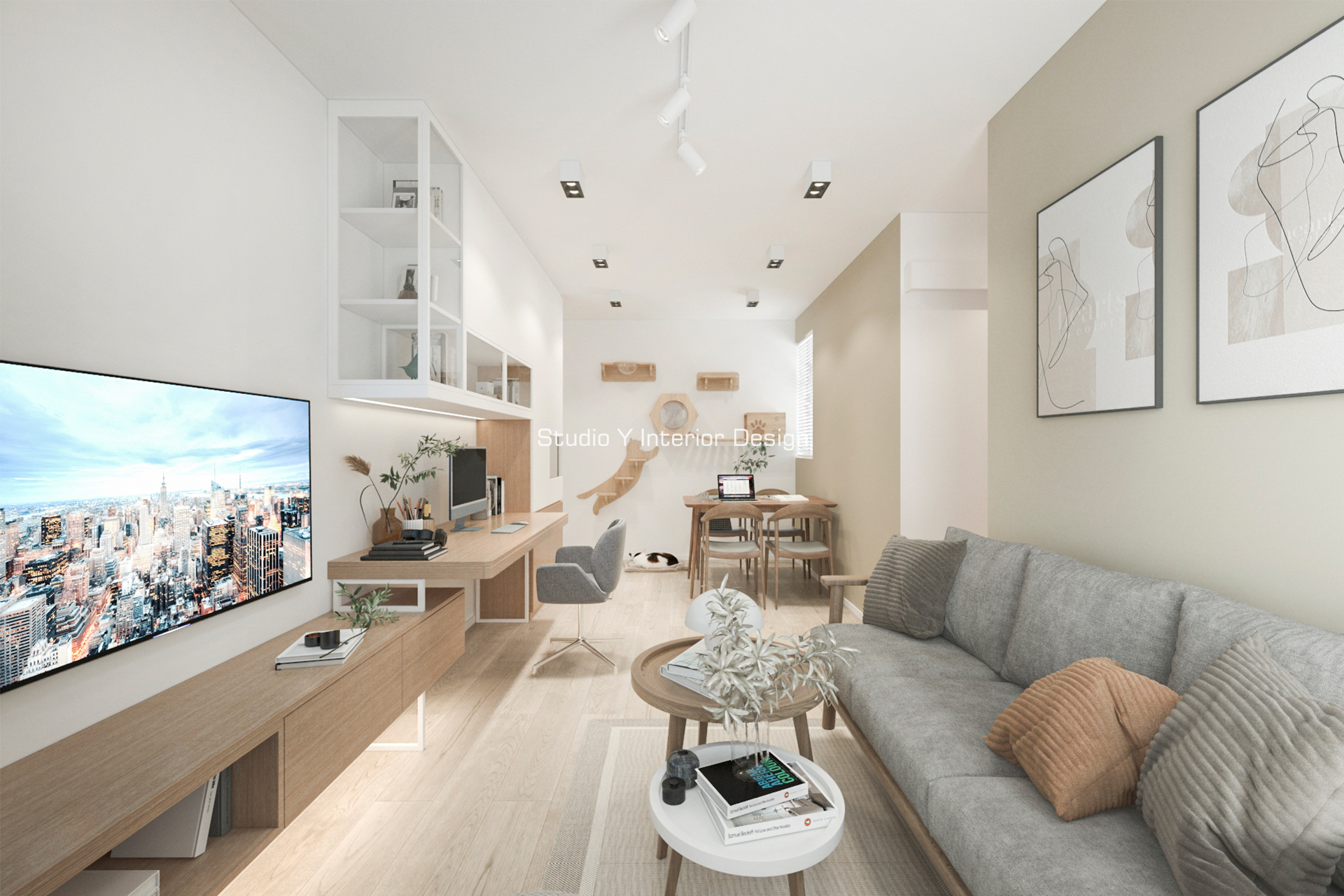 簡約暖色系風格，客廳用了白色鐵件與玻璃令這個和諧... - Studio Y Interior Design Limited