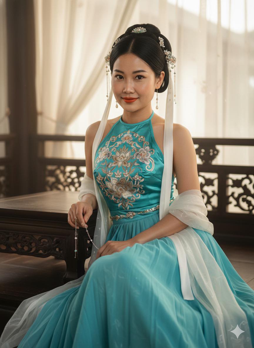 Create a realistic 8K photo of a Mekong Delta woman in a duck-egg-blue satin dress
