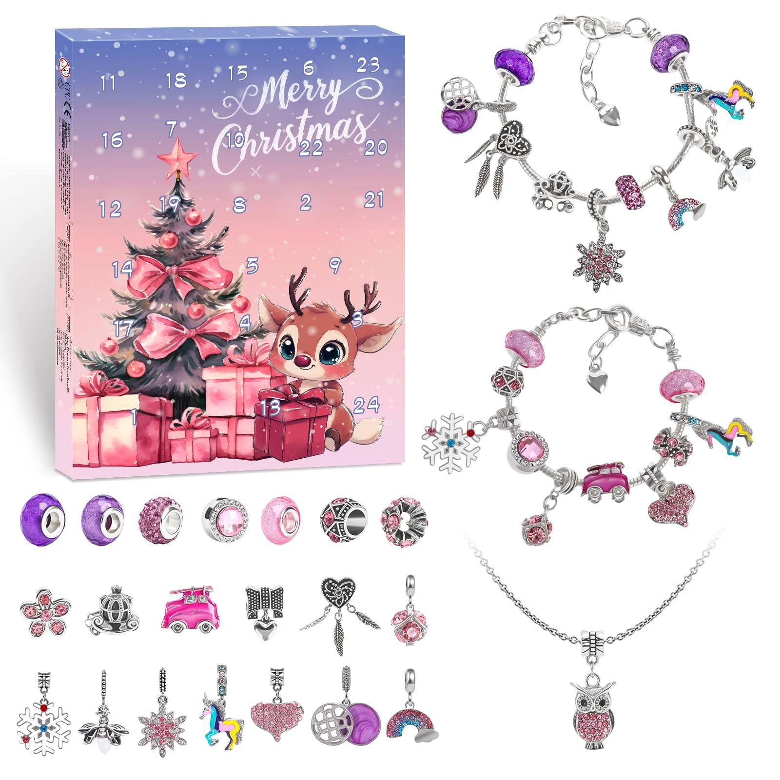 Calendrier De L'Avent 2025 – Coffret Bijoux à Composer, 21 Breloques + Collier + 2 Bracelets, Compte à Rebours Jusqu'à Noël, Cadeau Surprise