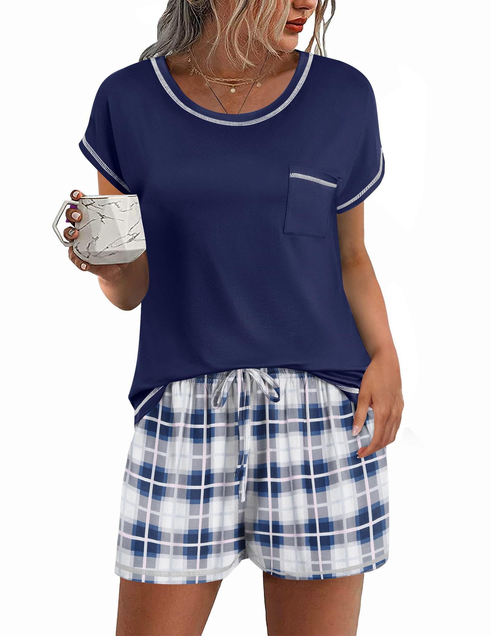 Women's 2-Piece Pajama Set - Short Sleeve Top & Shorts, Soft Cotton Blend Sleepwear, Blue Tie Dye Or Stars Print