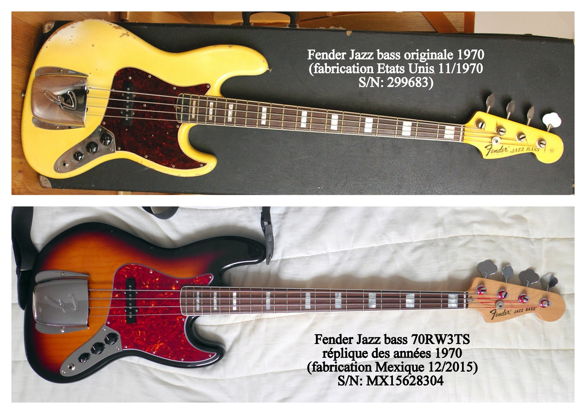 1970 American Fender Jazz bass and 2015 Mexican replica side by side