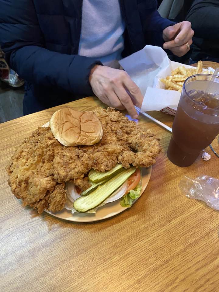 Delicious hand pounded pork tenderloin at Haps Honkeytonk