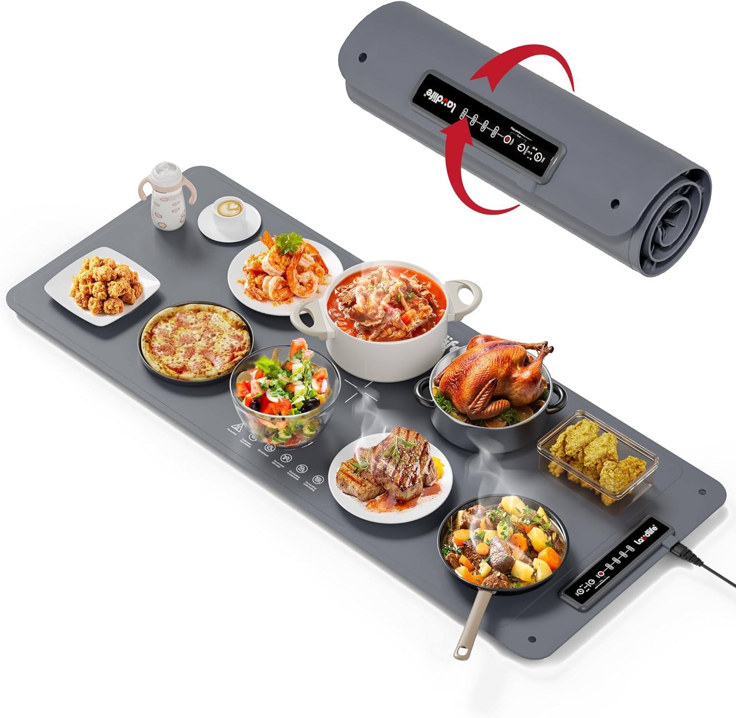 Electric Silicone Warming Mat Tray - 9 Temp & 6 Timer Settings, 8-Second Heat, For Parties & Travel (Beige)