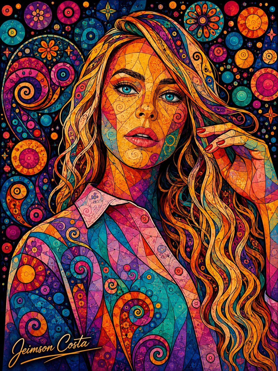 Psychedelic Pop Art portrait of woman with signature by Jeimson Costa