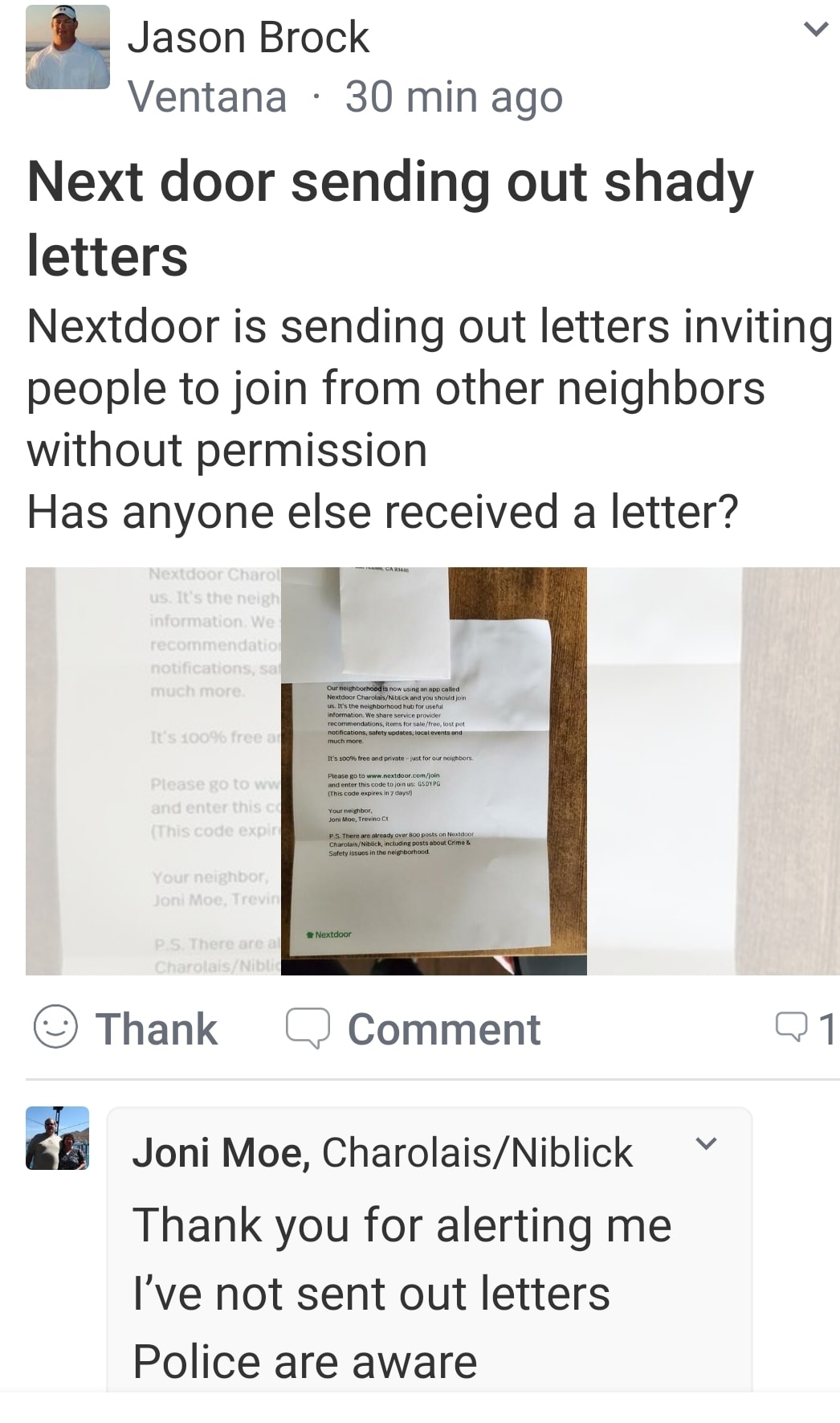 Nextdoor app sending letters without user consent